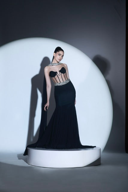 Black Crystal Embellished Corset Gown