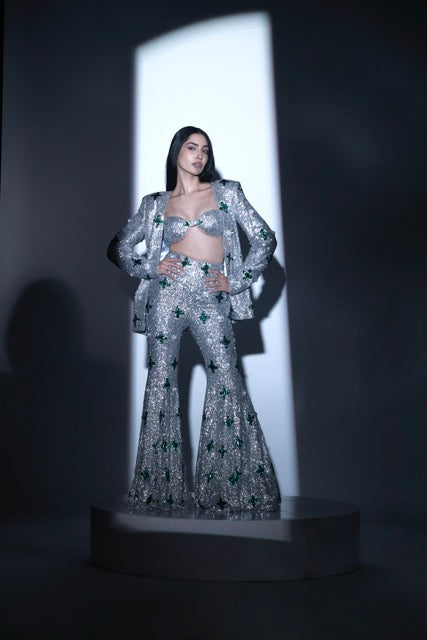 Silver Embellished Jacket and Pants Set