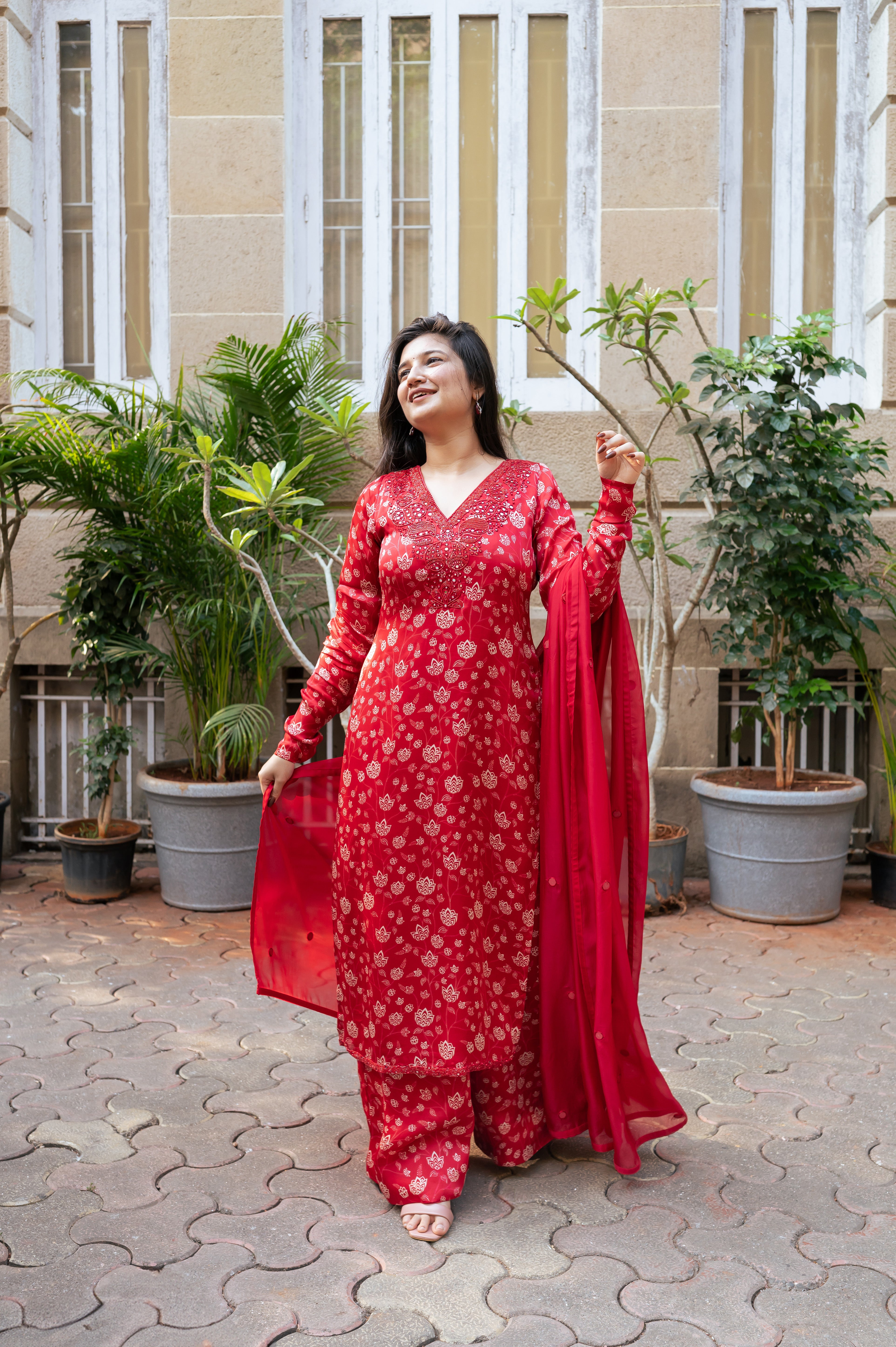 Red Floral Kurta Set