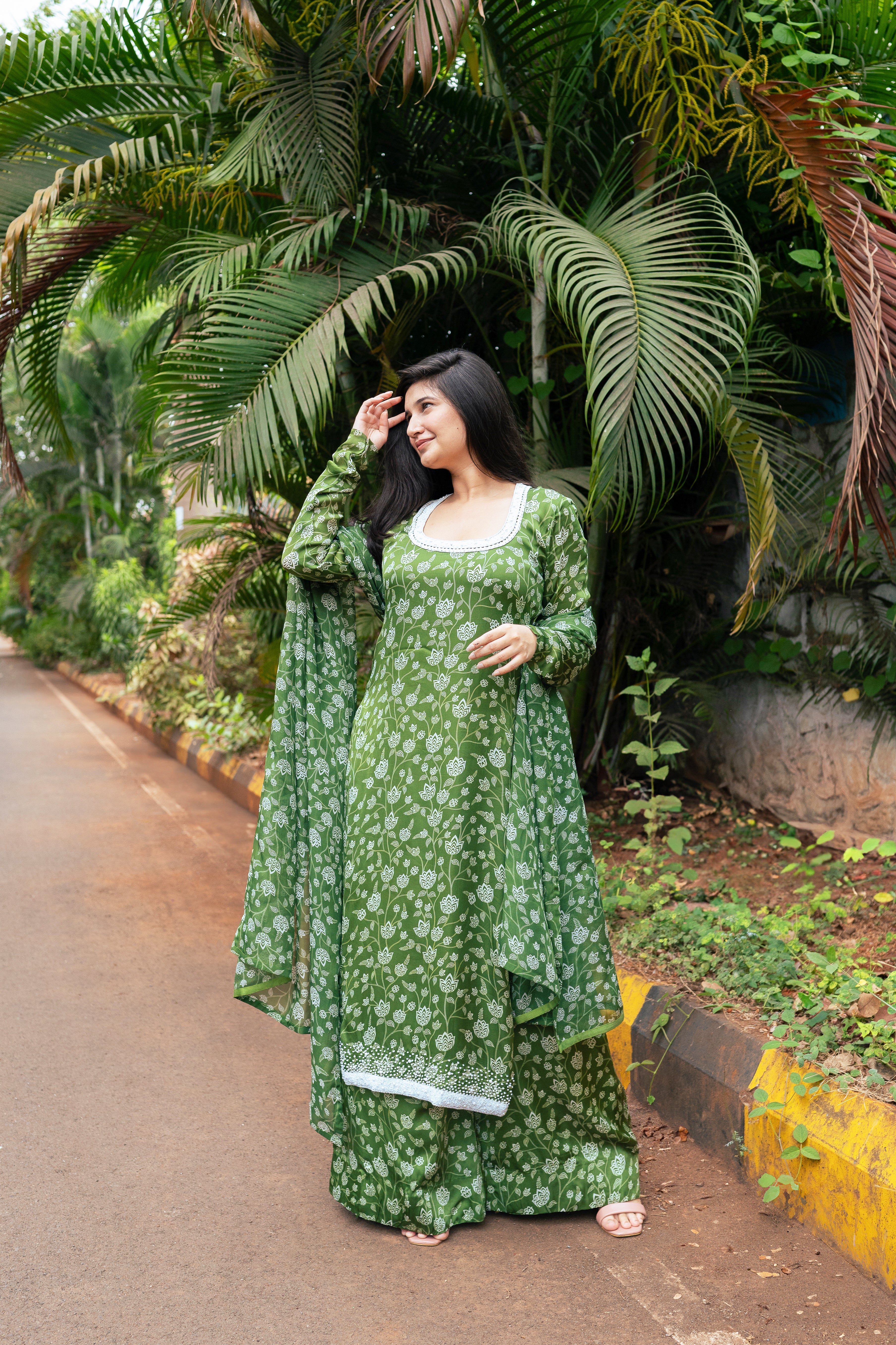 Olive Green Floral Kurta Set