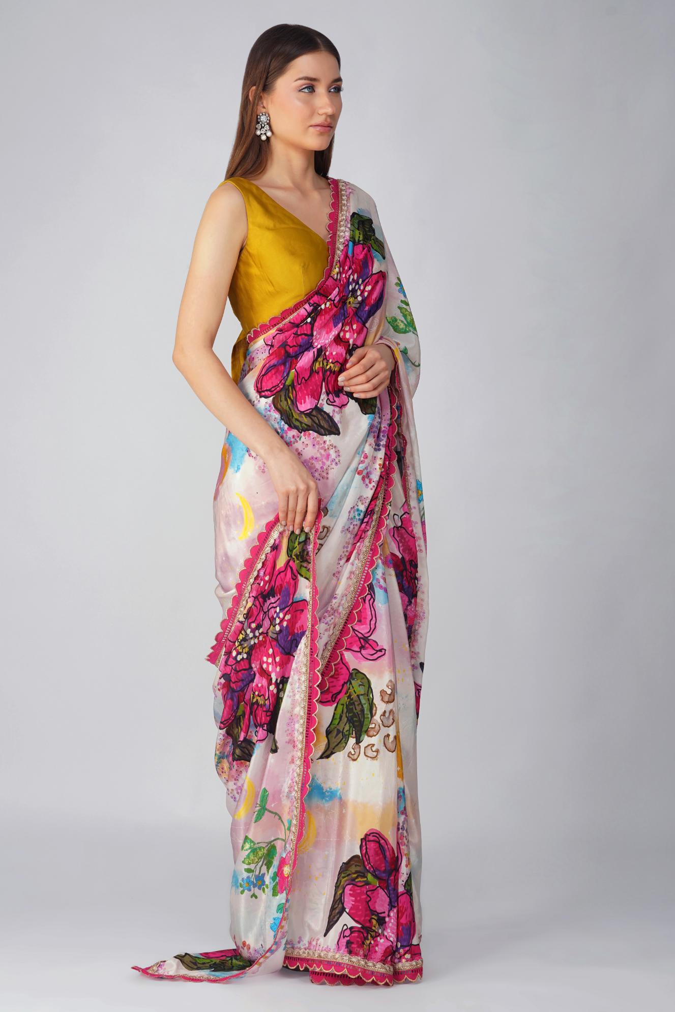 BIG FLOWER PRINTED SAREE SET