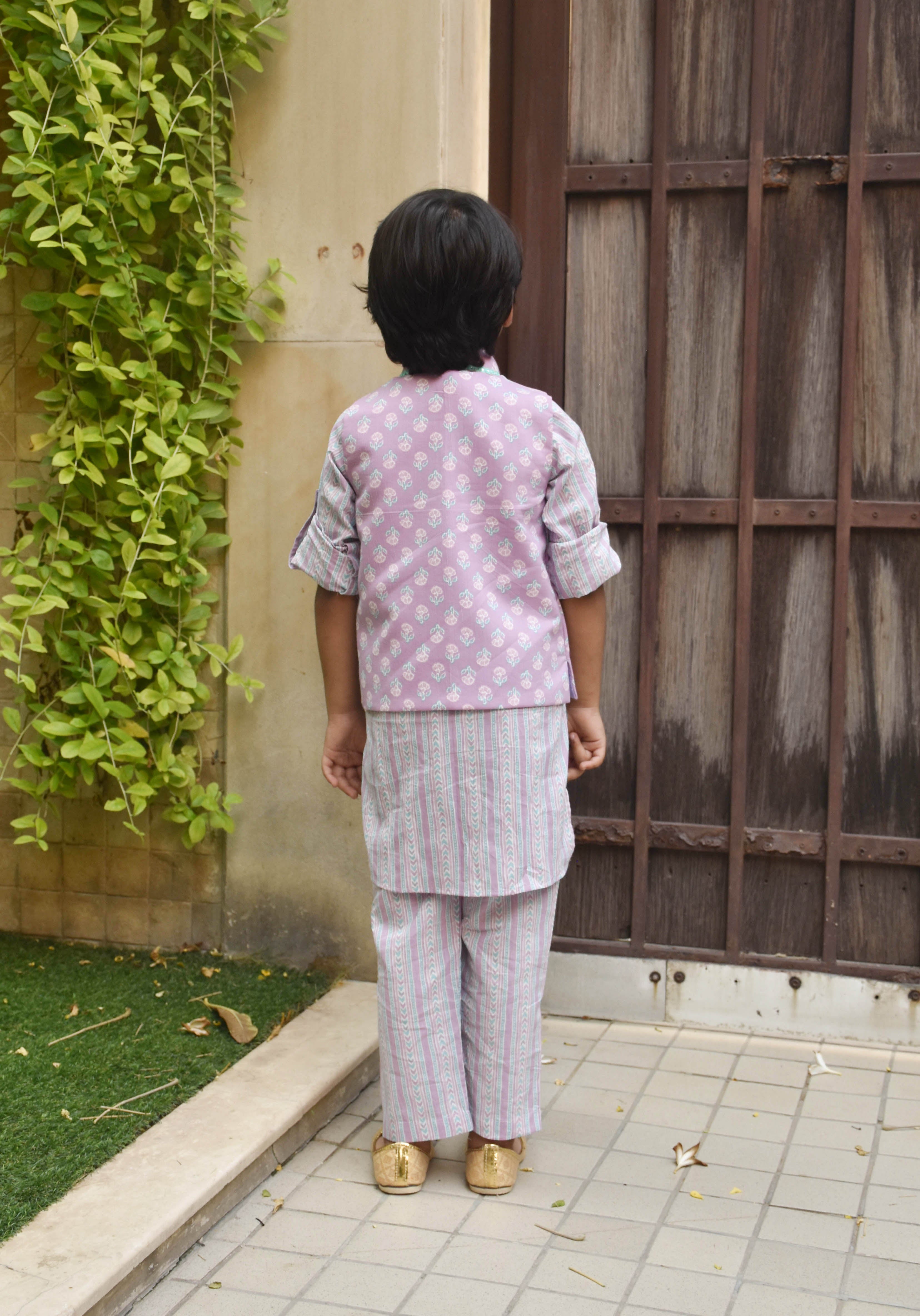 Lilac Printed Nehru Jacket with Kurta and Pant (PRET)