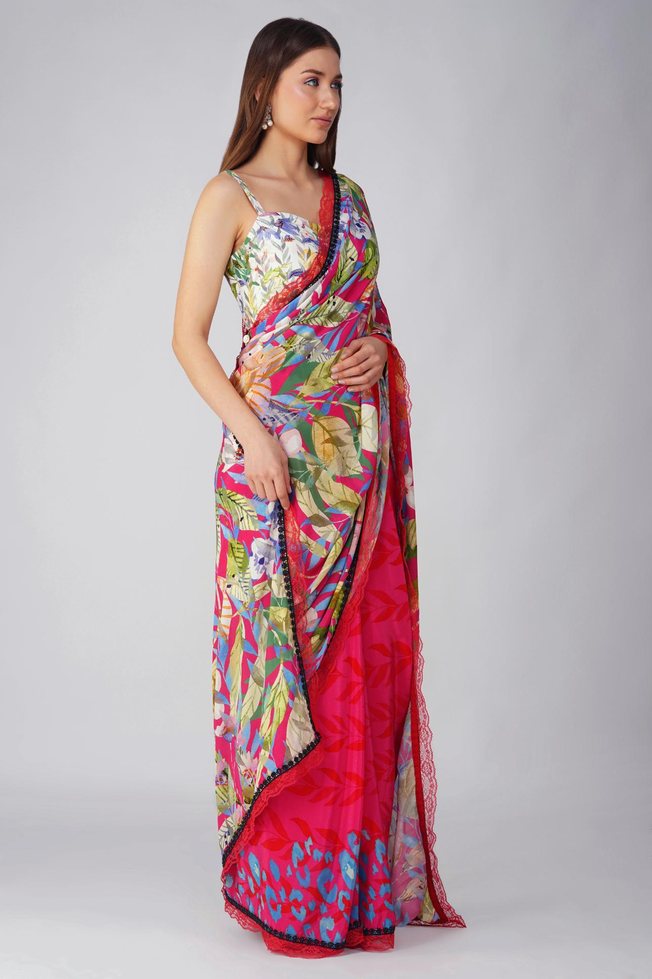 MULTI LEAF PRINTED SAREE SET