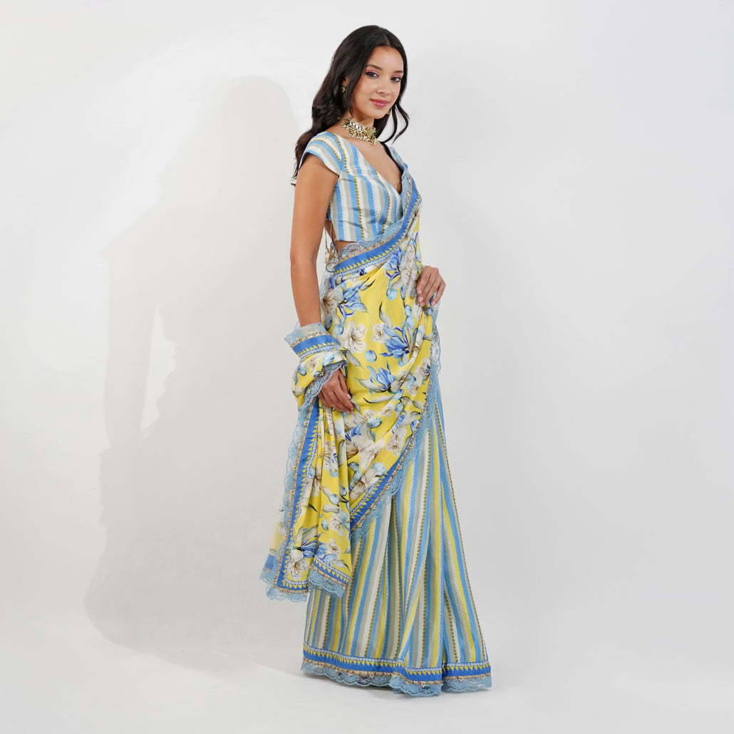 vintage Floral Crepe saree-Yellow