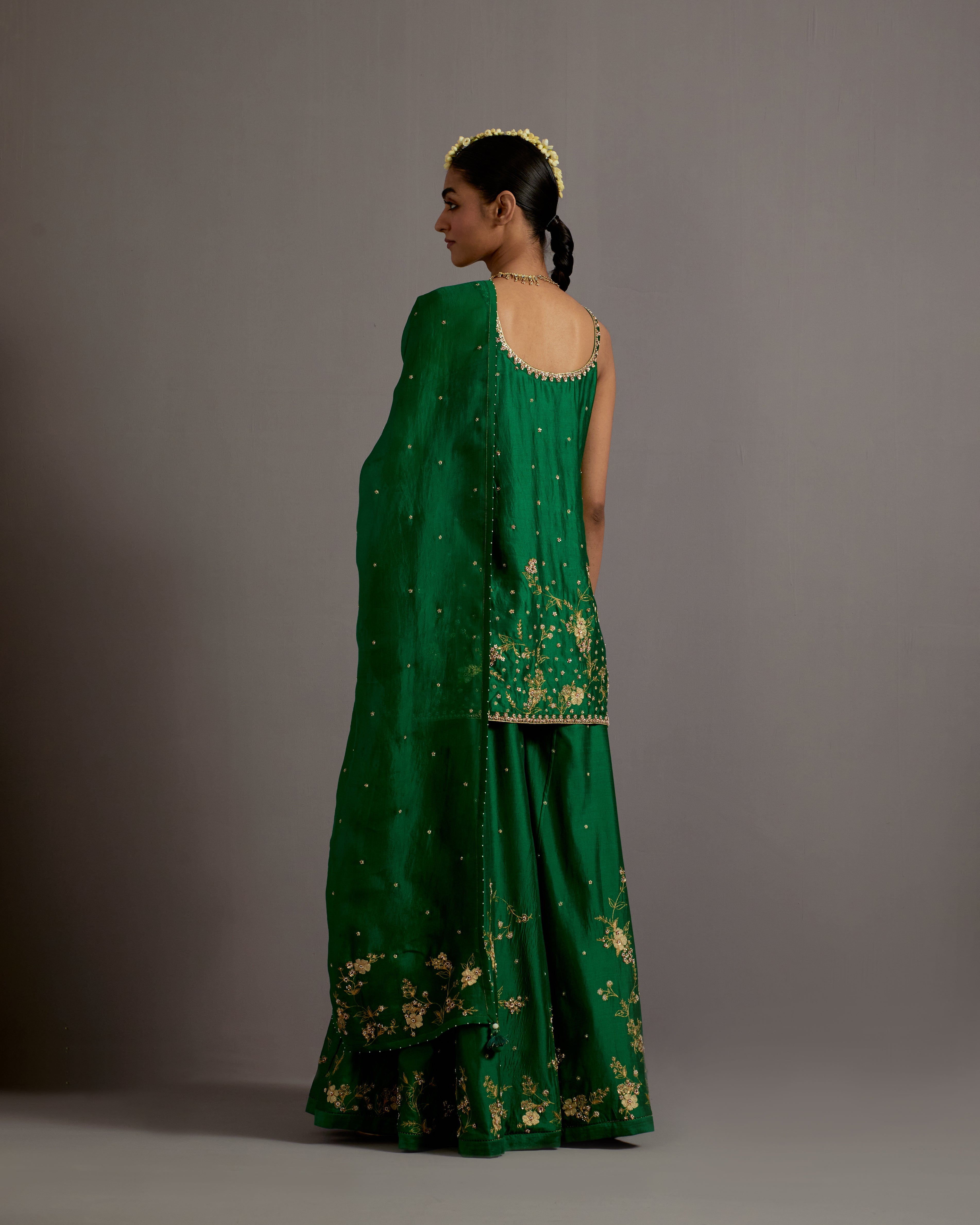 GREEN JAAL HAND EMBROIDERED SILK SHORT KURTA SHARARA SET