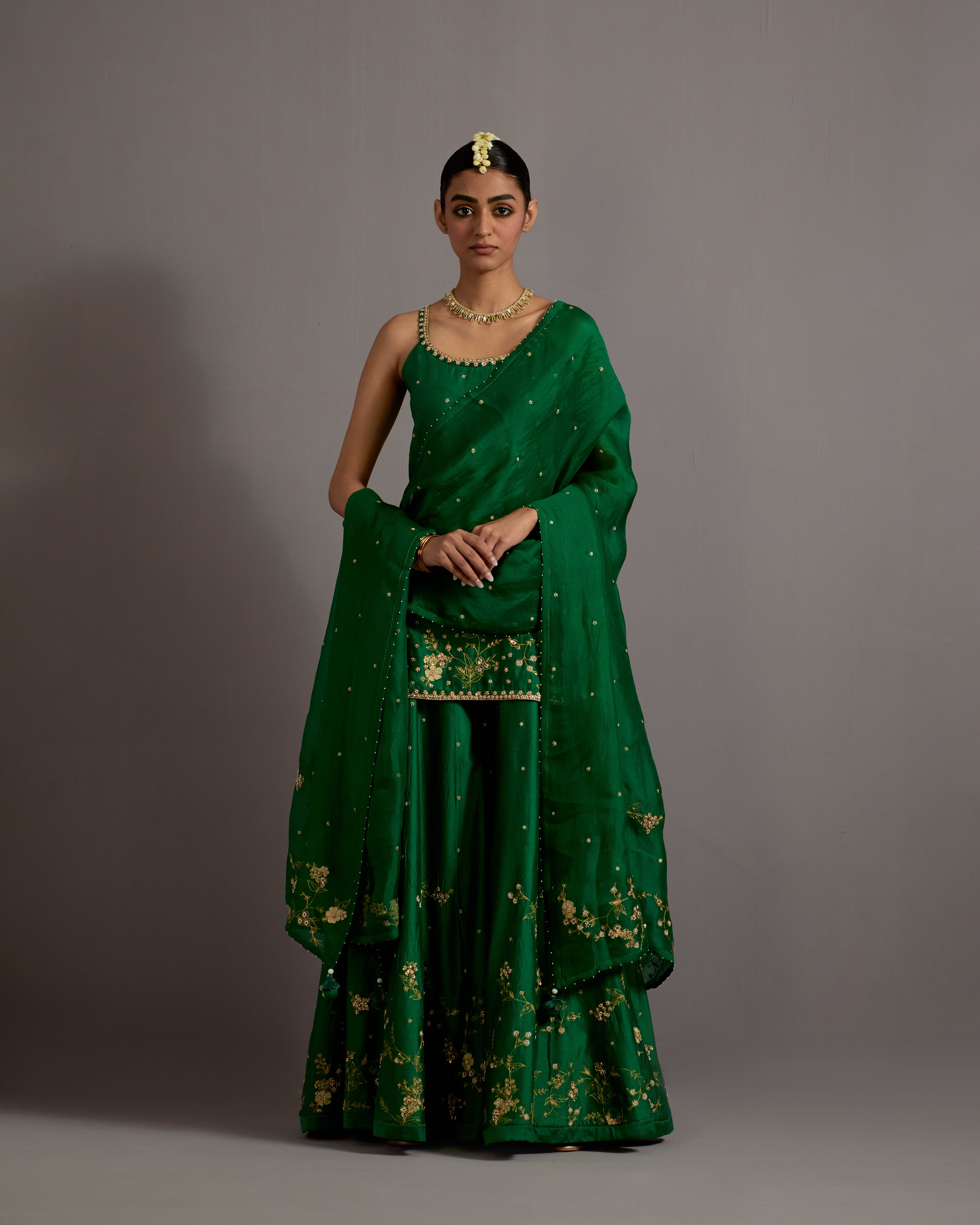GREEN JAAL HAND EMBROIDERED SILK SHORT KURTA SHARARA SET