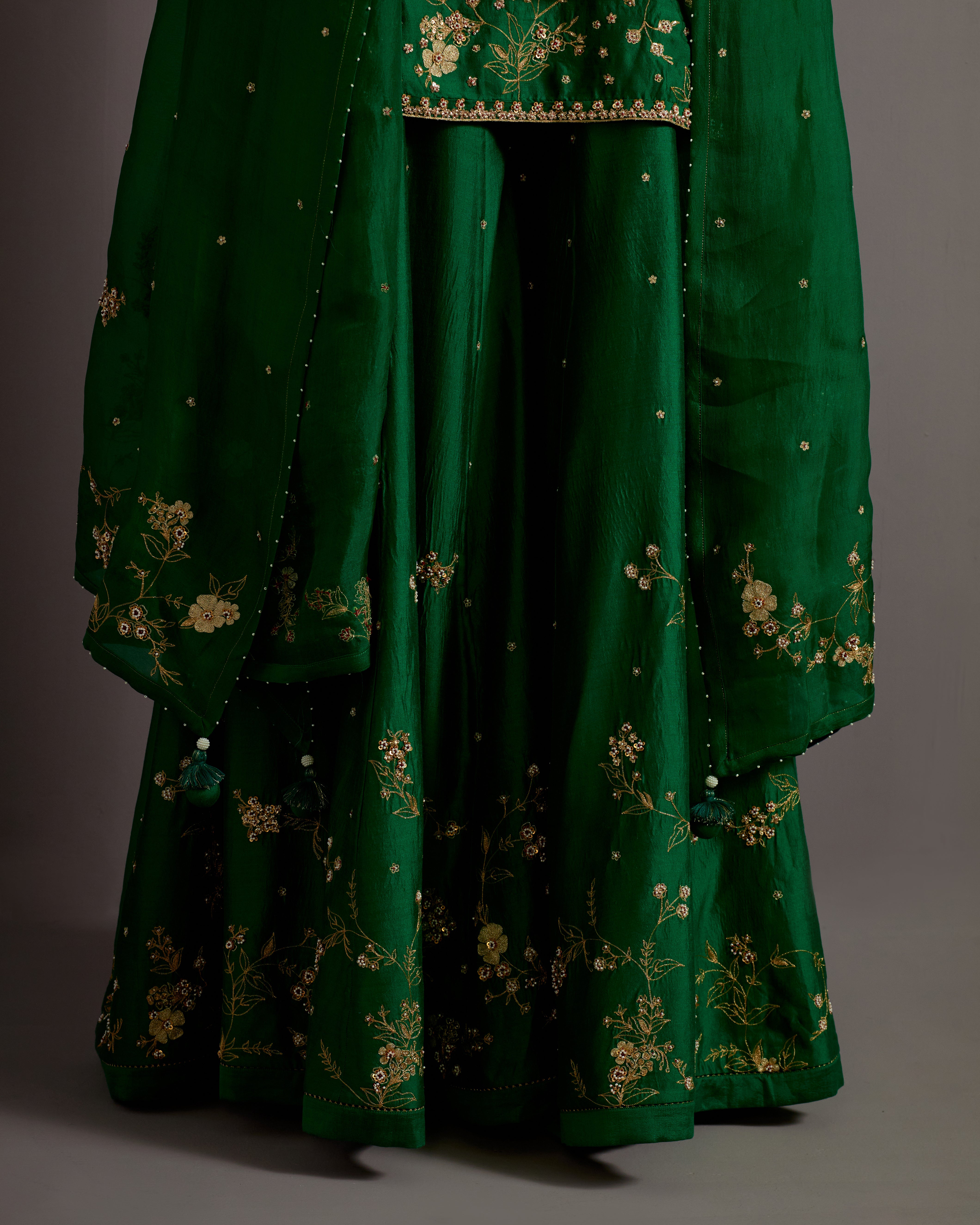 GREEN JAAL HAND EMBROIDERED SILK SHORT KURTA SHARARA SET