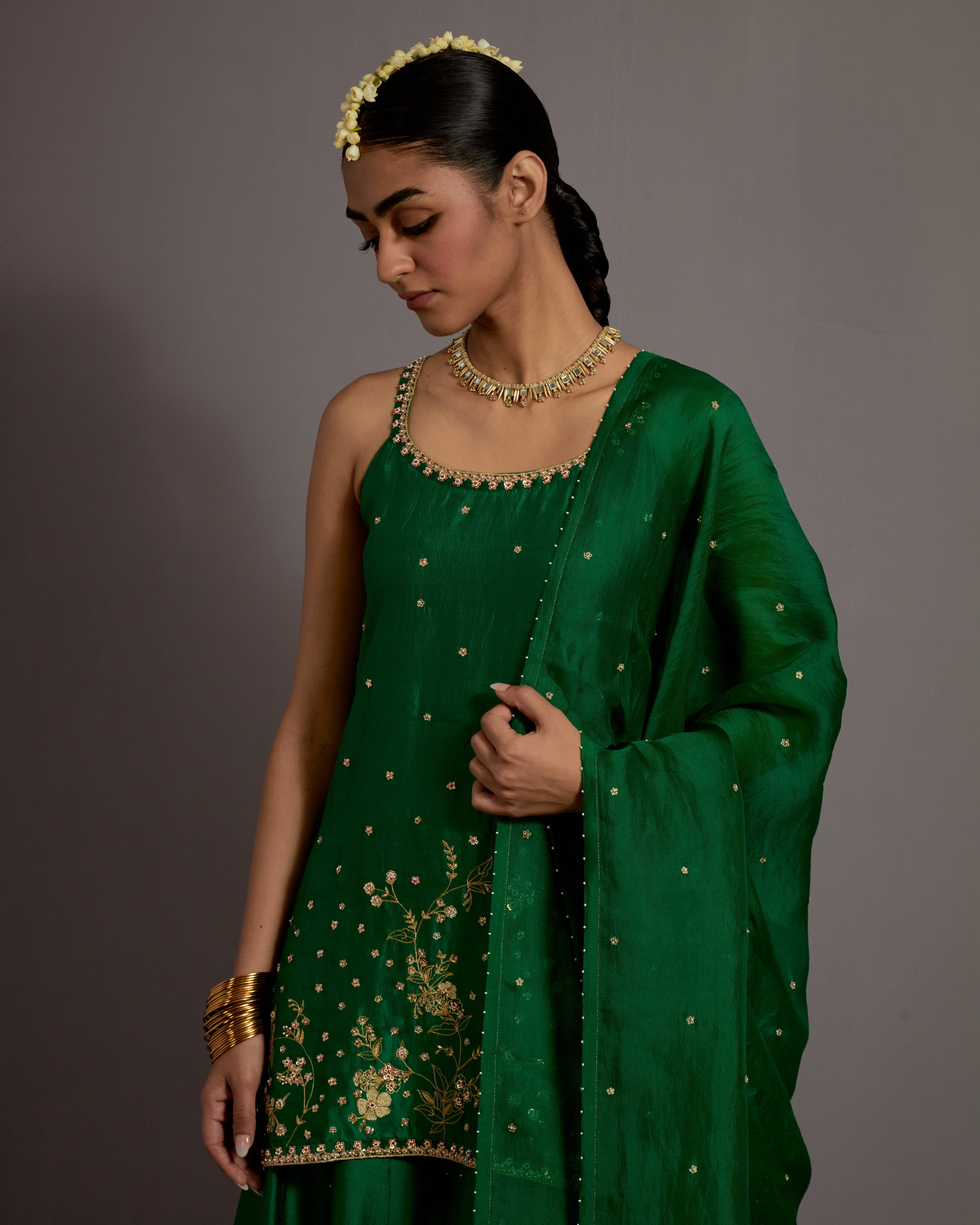 GREEN JAAL HAND EMBROIDERED SILK SHORT KURTA SHARARA SET