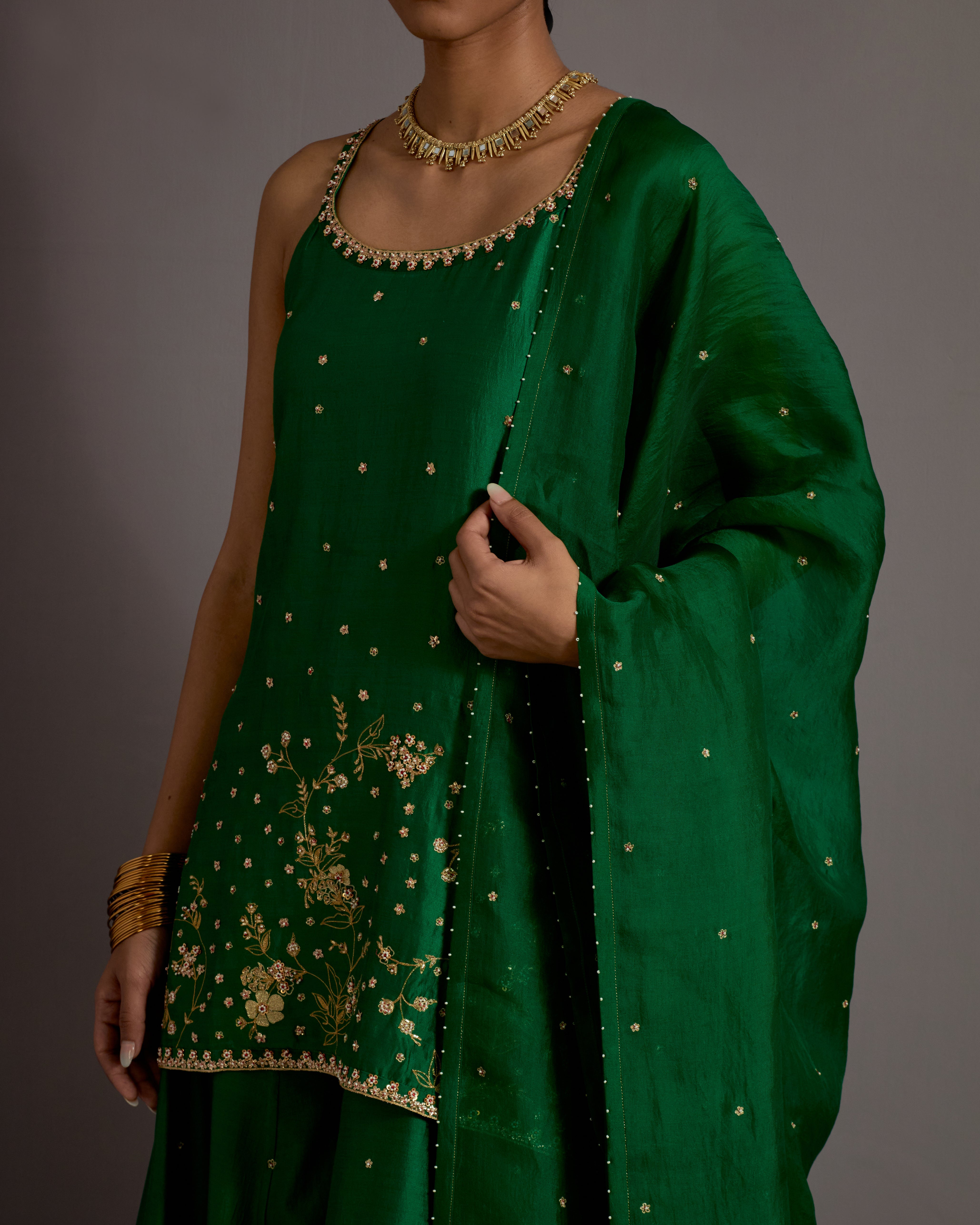 GREEN JAAL HAND EMBROIDERED SILK SHORT KURTA SHARARA SET