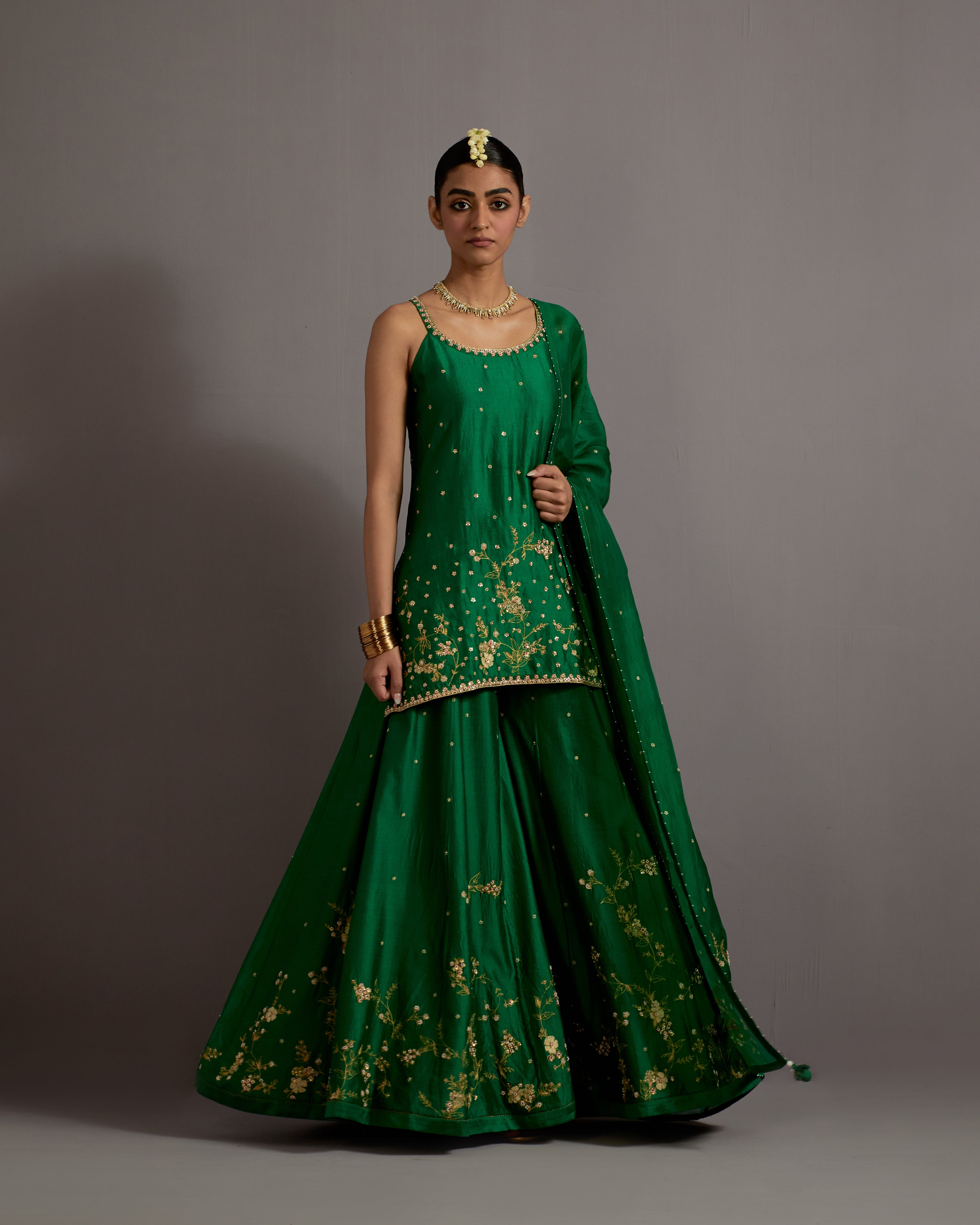 GREEN JAAL HAND EMBROIDERED SILK SHORT KURTA SHARARA SET