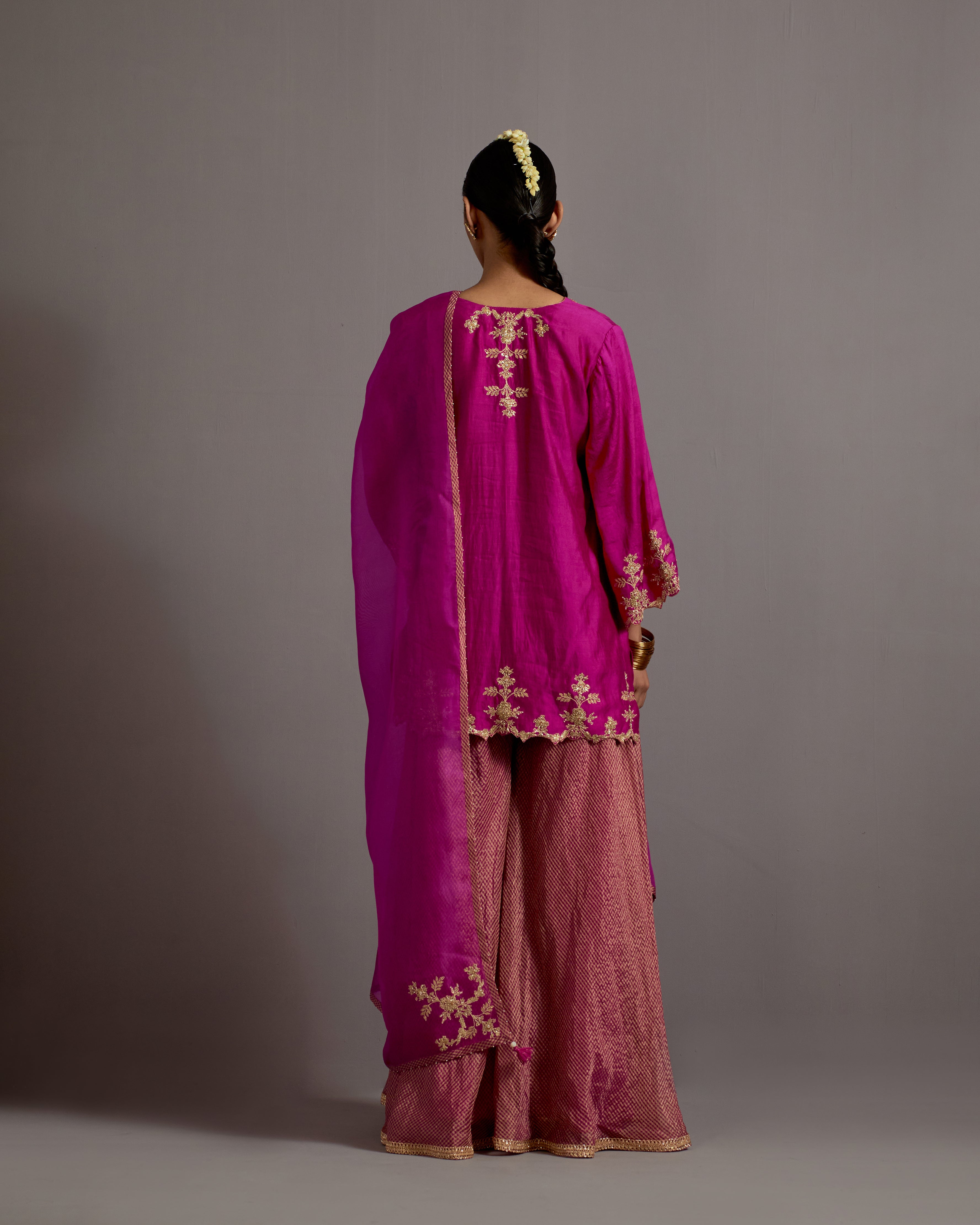 FUCHSIA PINK HAND EMBROIDERED SHORT KURTA CHECKERED SHARARA SET