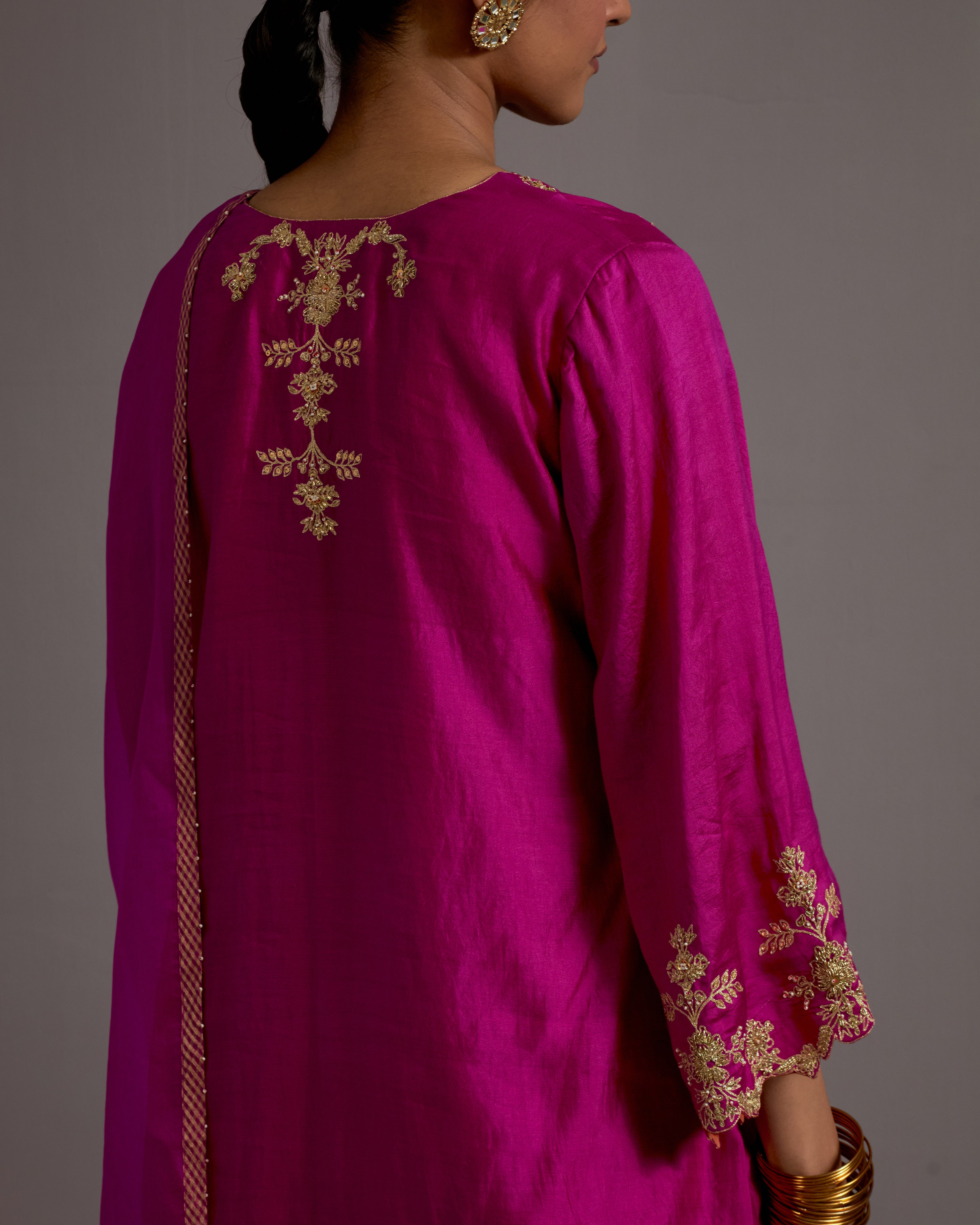 FUCHSIA PINK HAND EMBROIDERED SHORT KURTA CHECKERED SHARARA SET