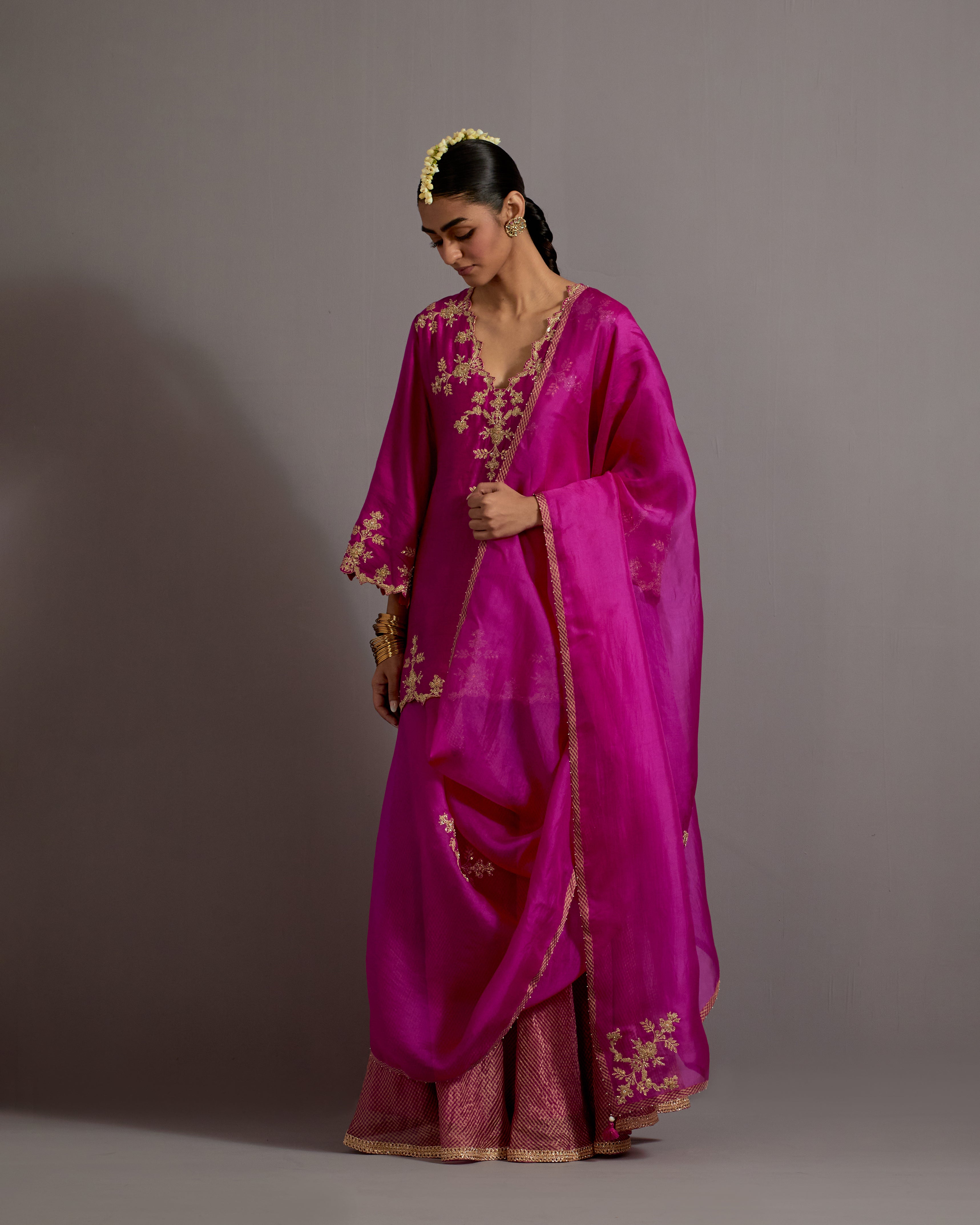 FUCHSIA PINK HAND EMBROIDERED SHORT KURTA CHECKERED SHARARA SET