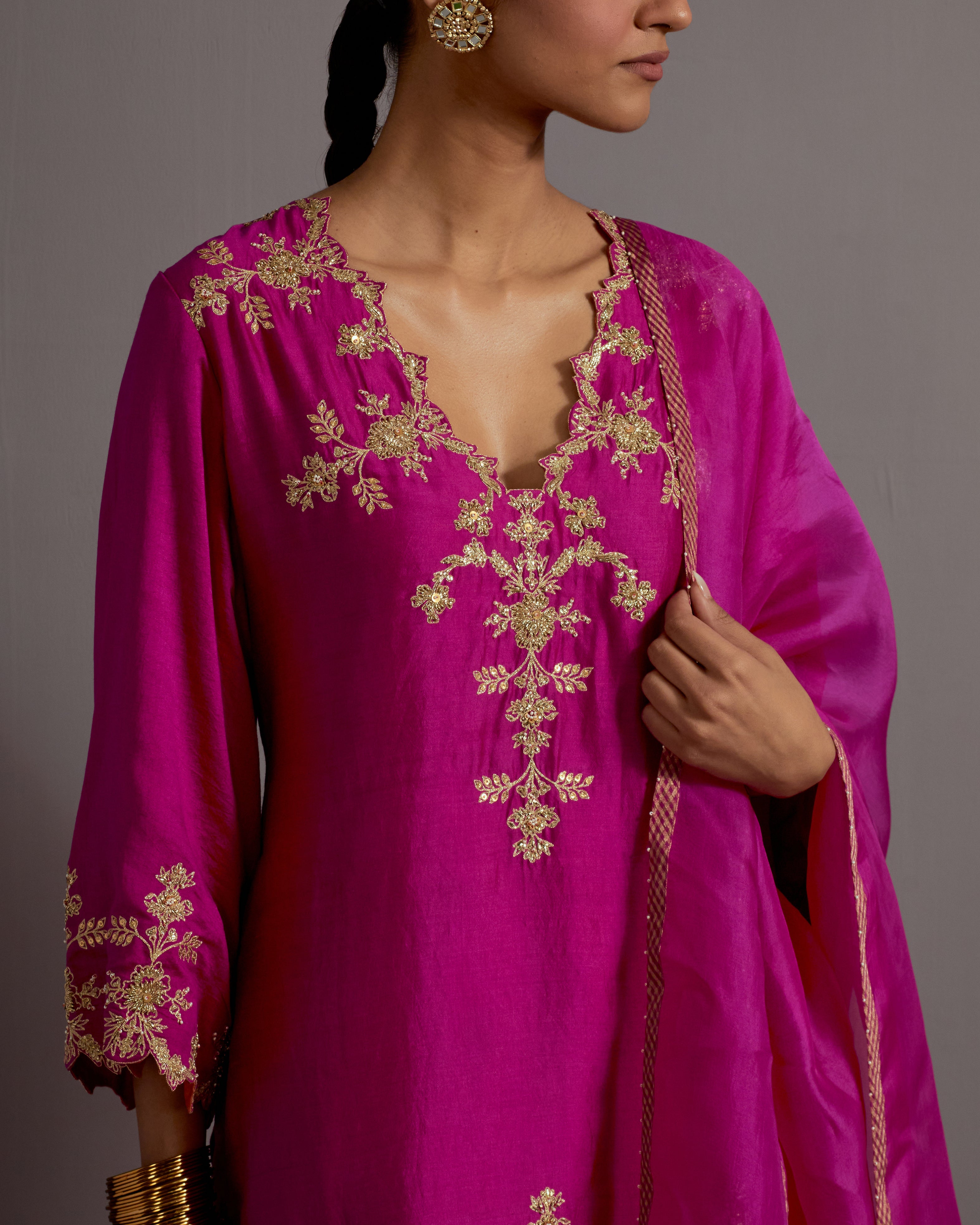 FUCHSIA PINK HAND EMBROIDERED SHORT KURTA CHECKERED SHARARA SET