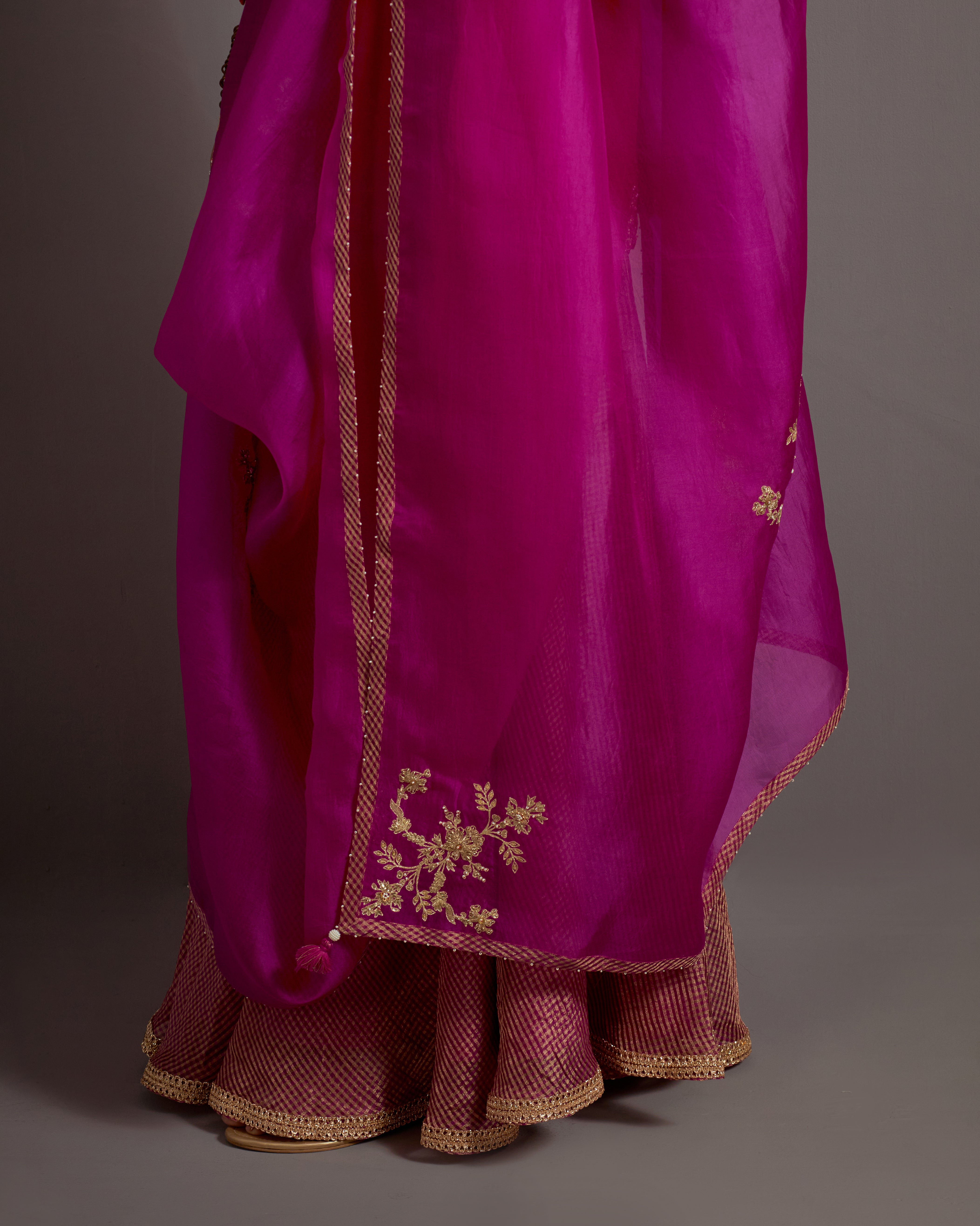 FUCHSIA PINK HAND EMBROIDERED SHORT KURTA CHECKERED SHARARA SET