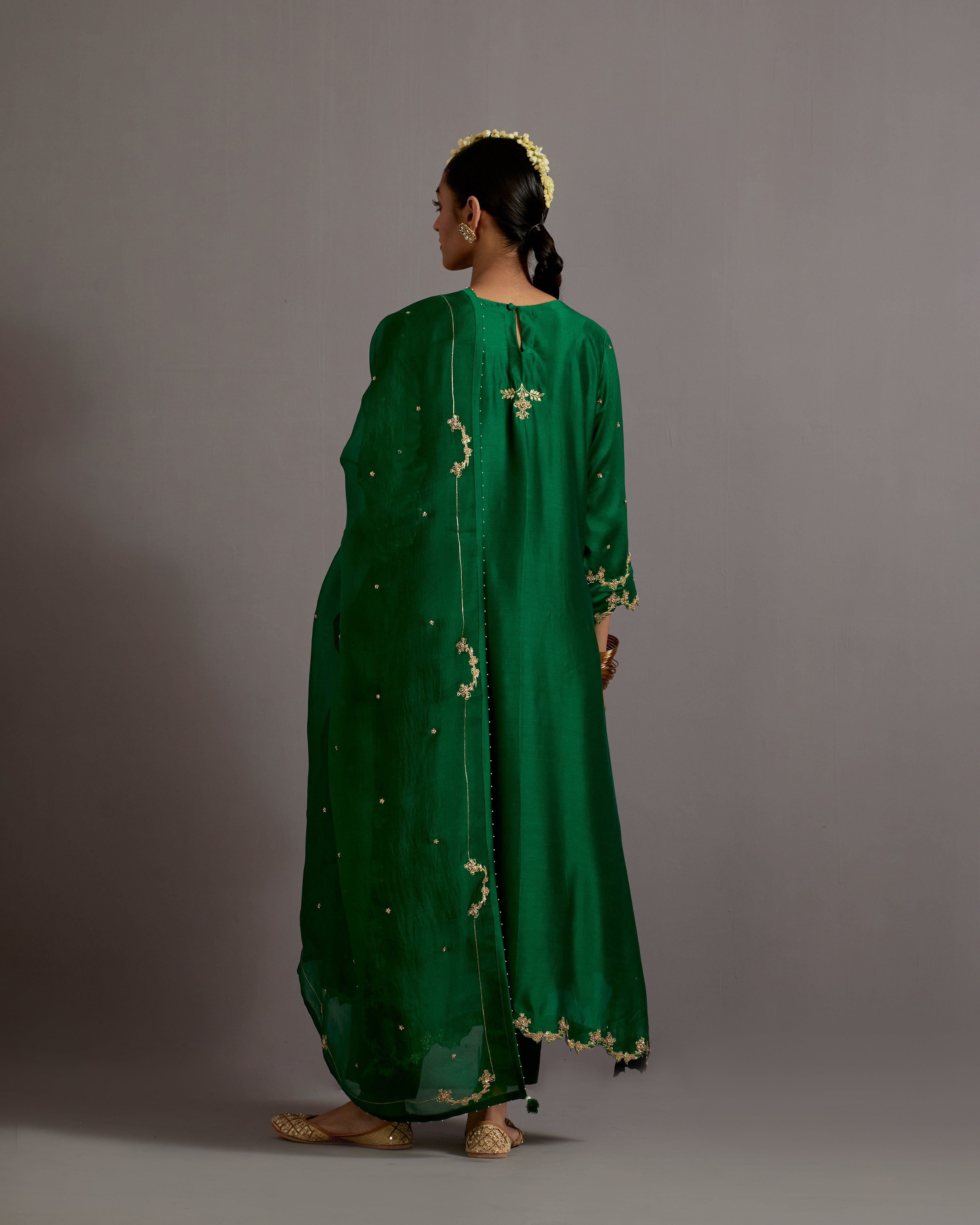 GREEN HAND EMBROIDERED A-LINE KURTA SET