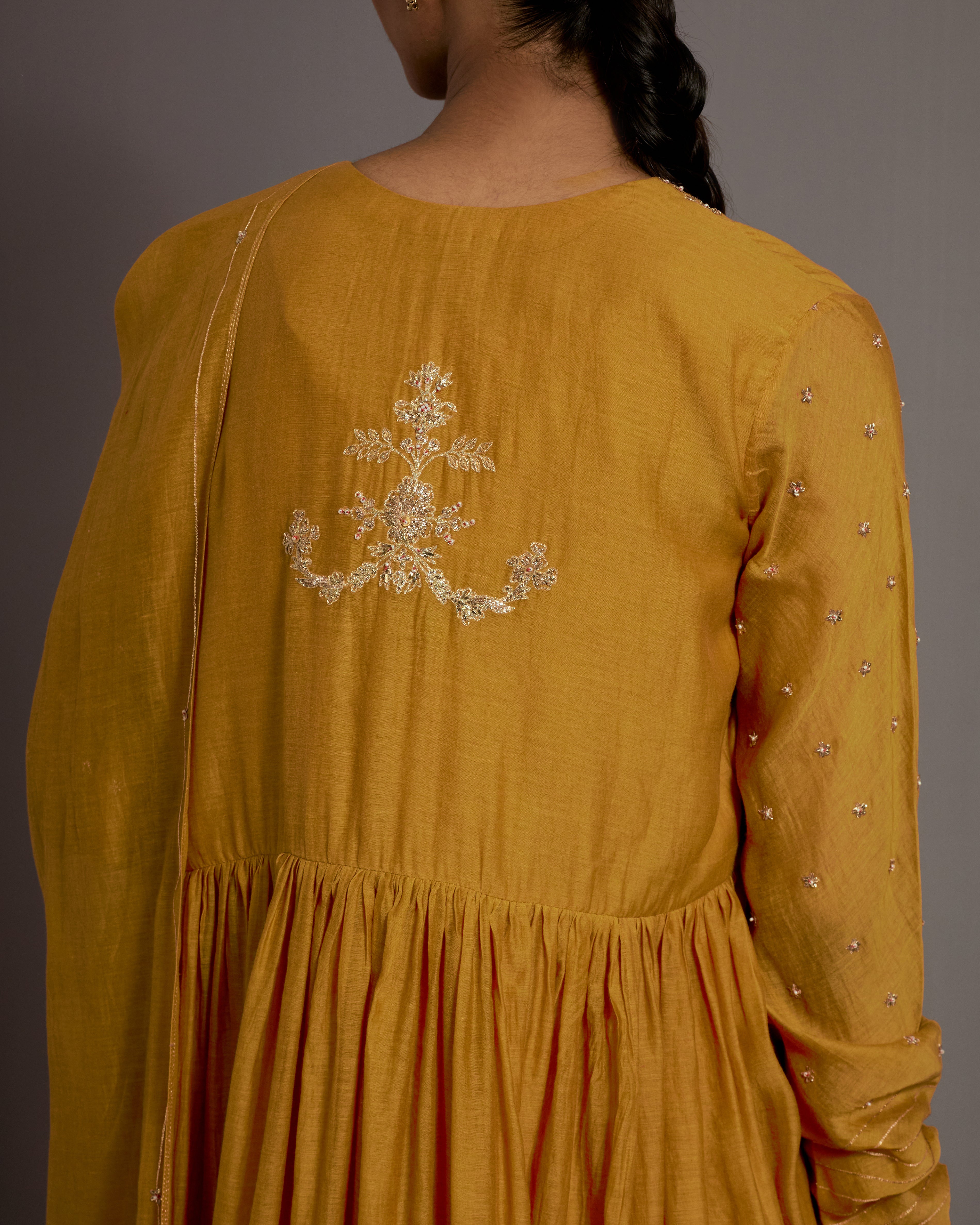 MUSTARD YELLOW HAND EMBROIDERED GATHER ANARKALI SET