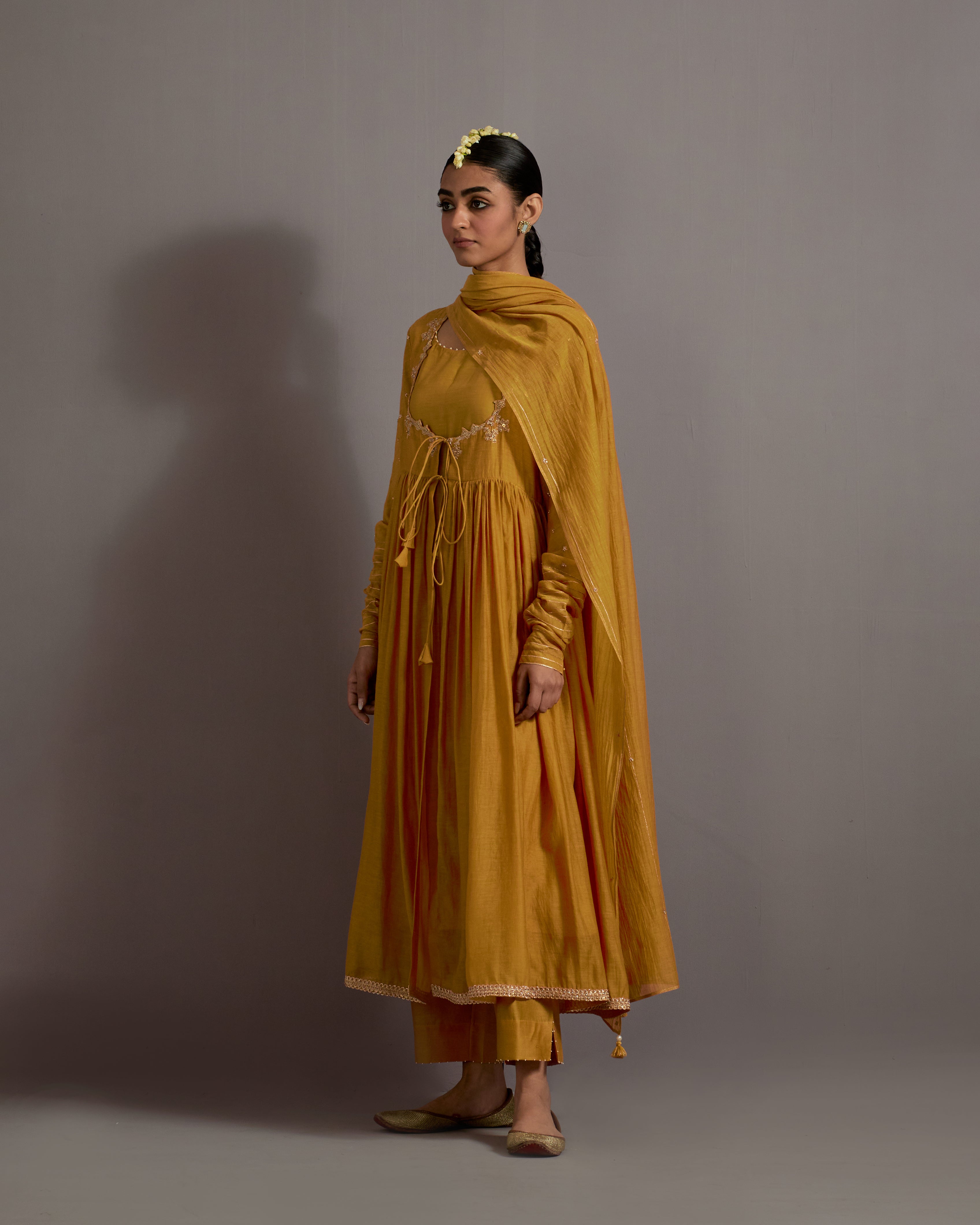 MUSTARD YELLOW HAND EMBROIDERED GATHER ANARKALI SET