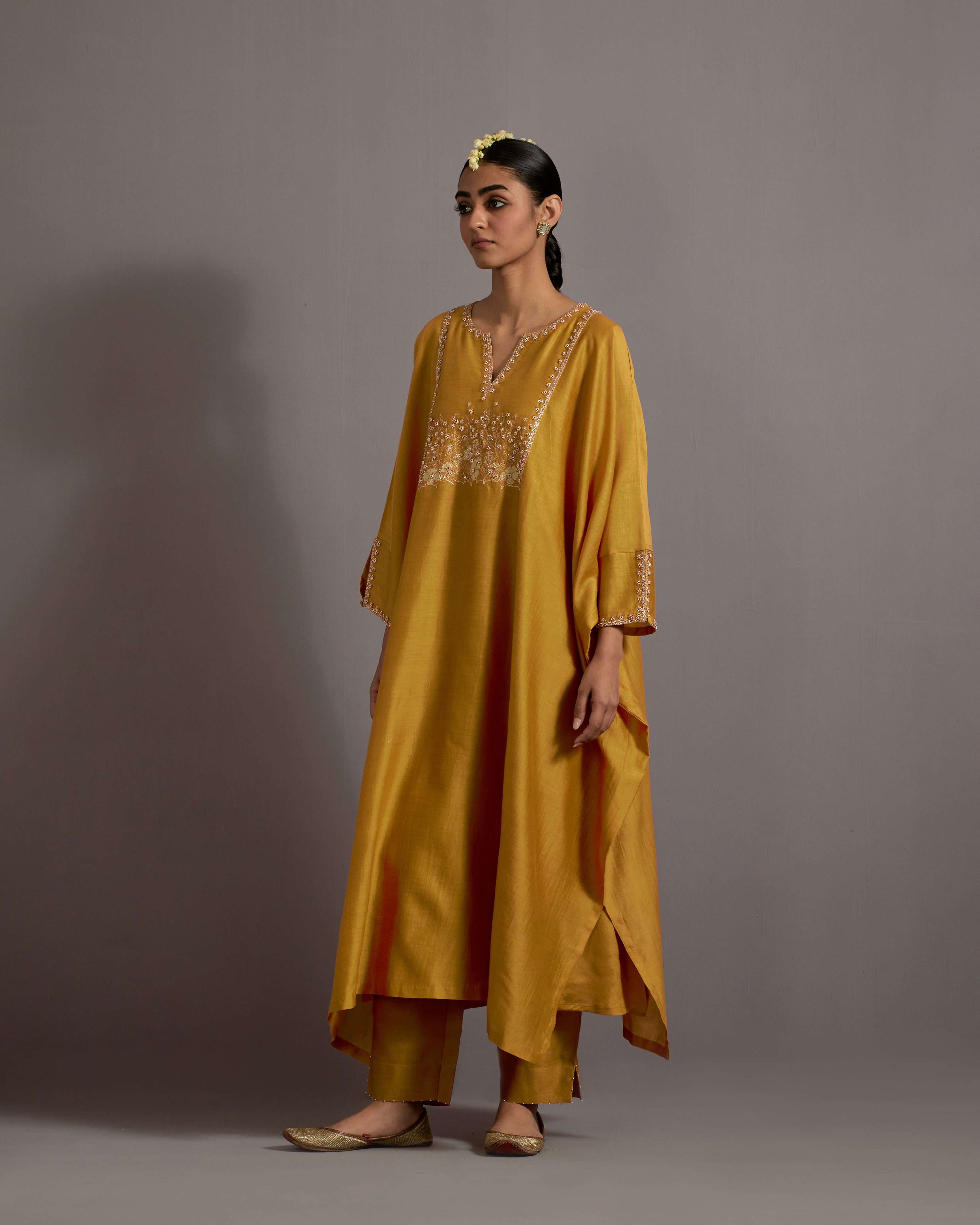 MUSTARD YELLOW HAND EMBROIDERED KAFTAN WITH PANTS