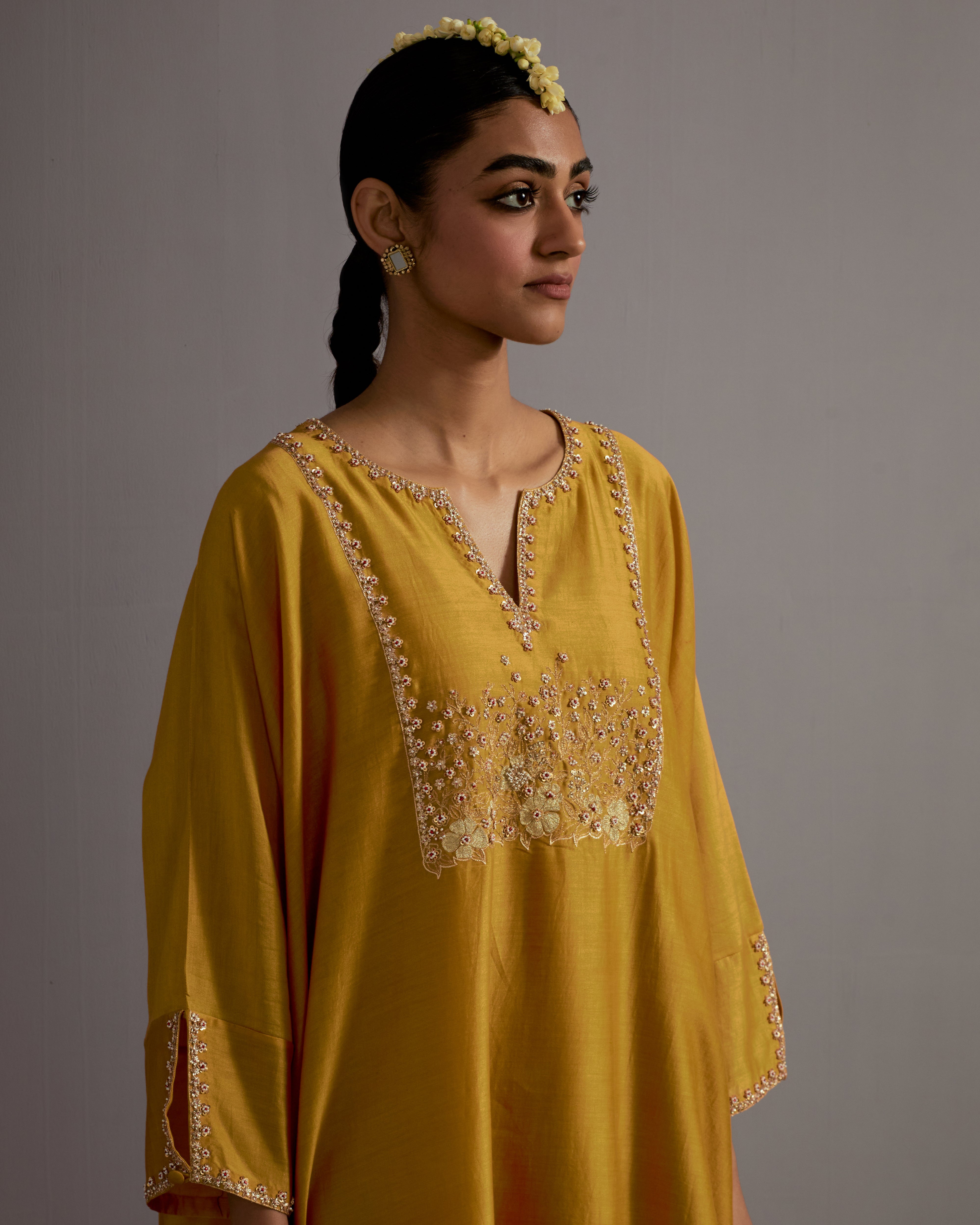 MUSTARD YELLOW HAND EMBROIDERED KAFTAN WITH PANTS