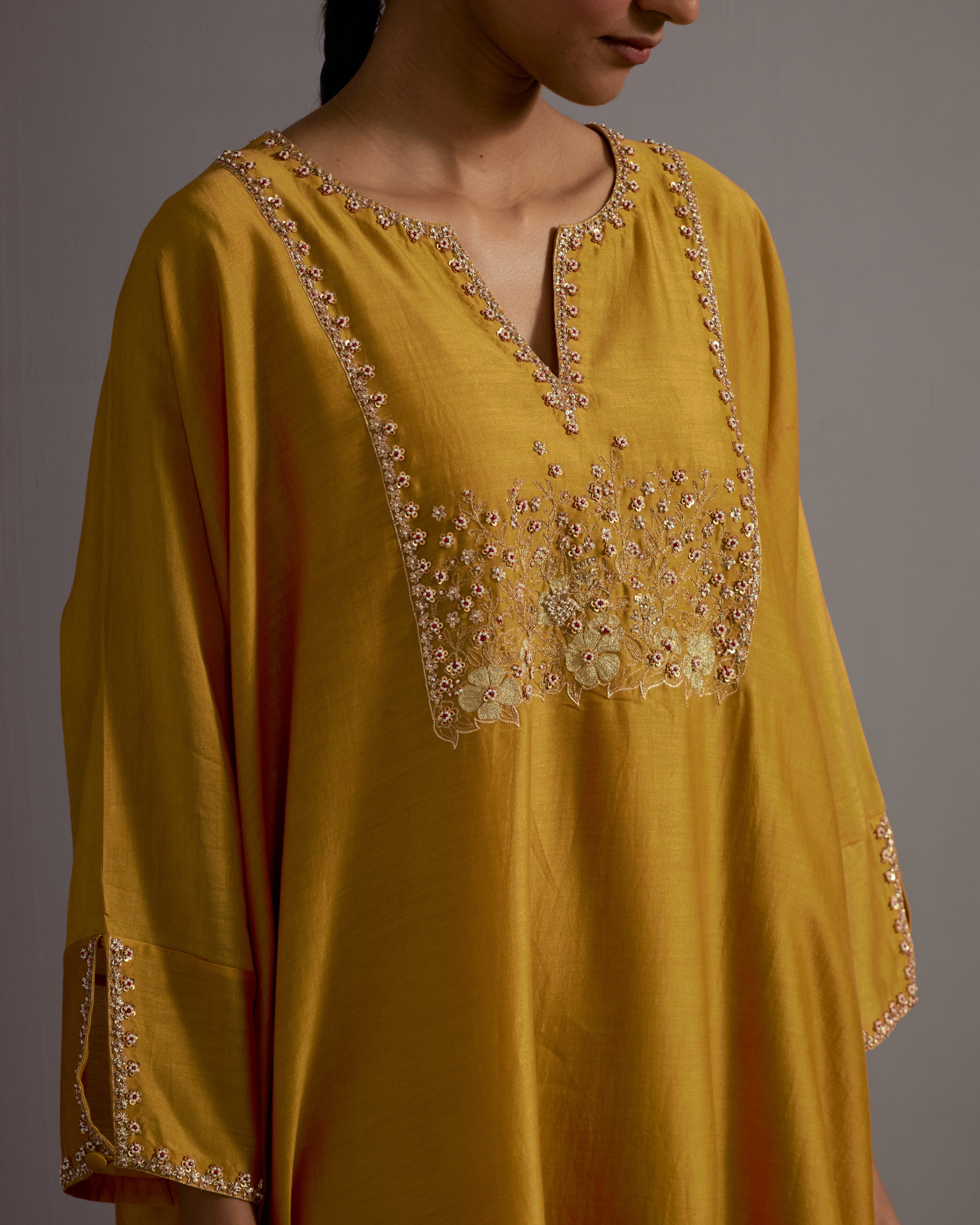 MUSTARD YELLOW HAND EMBROIDERED KAFTAN WITH PANTS