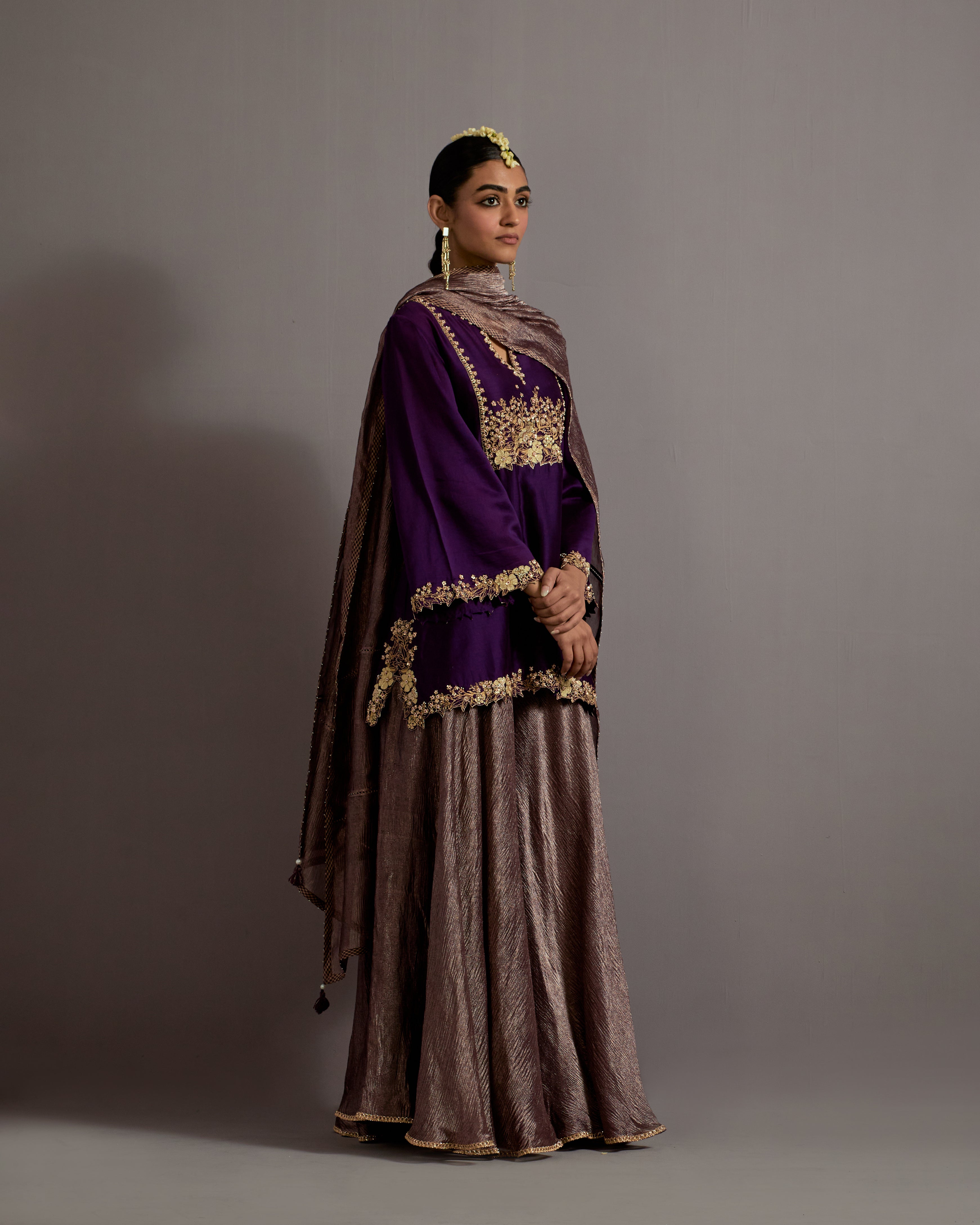 AUBERGINE GUCCHA JAAL EMBROIDERED SHORT KURTA SHARARA SET