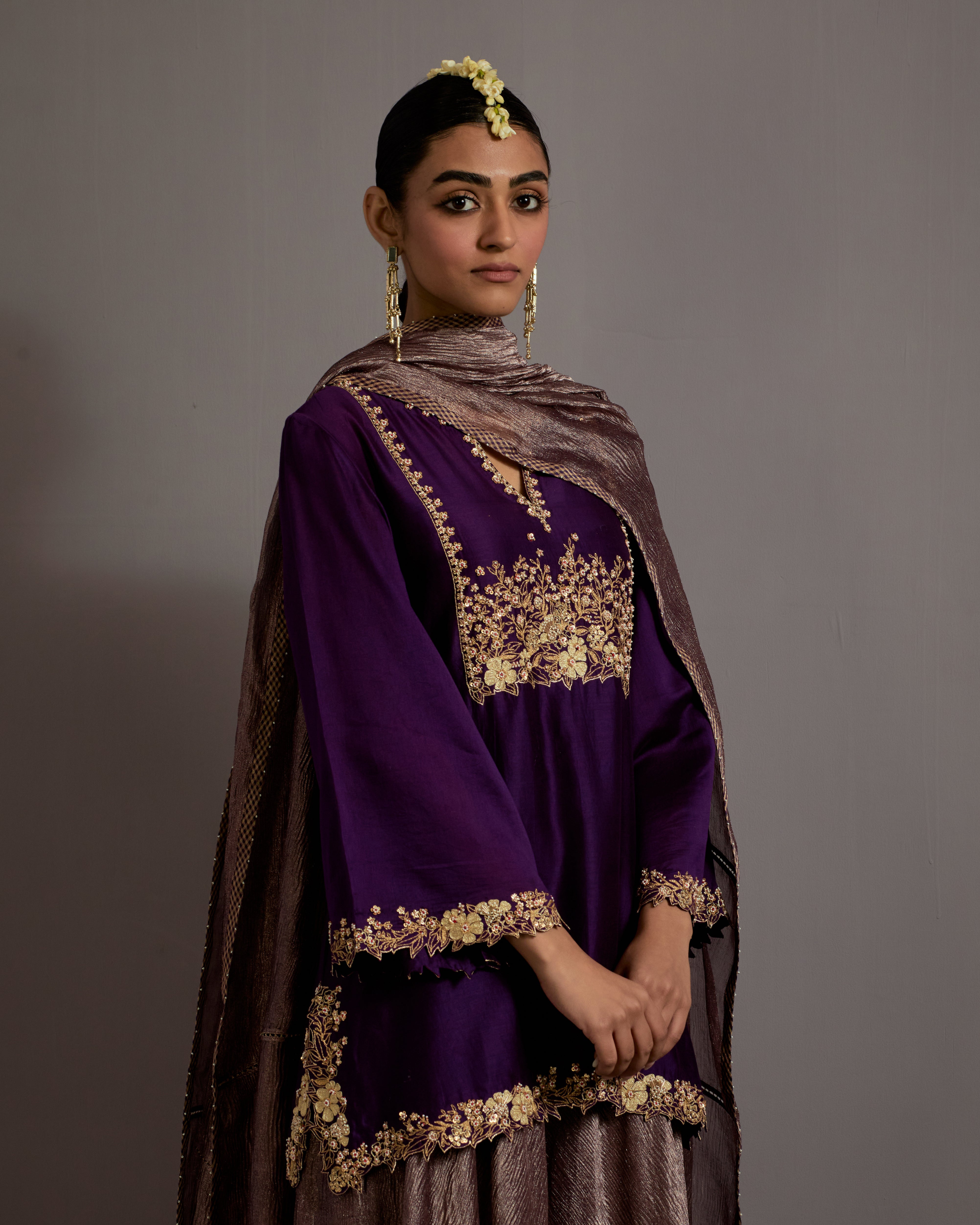 AUBERGINE GUCCHA JAAL EMBROIDERED SHORT KURTA SHARARA SET