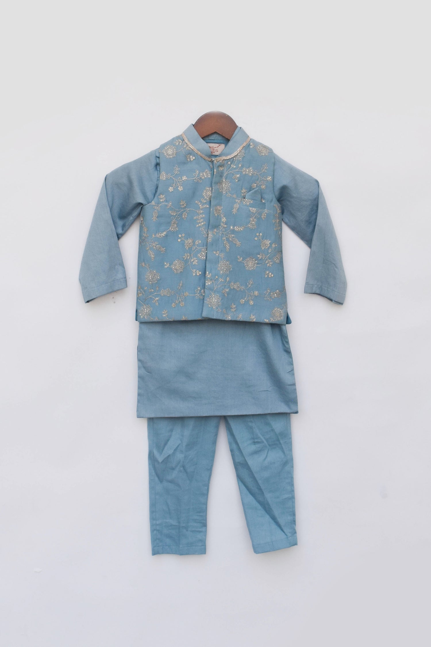 Blue Embroidered Nehru Jacket with Kurta and Pant