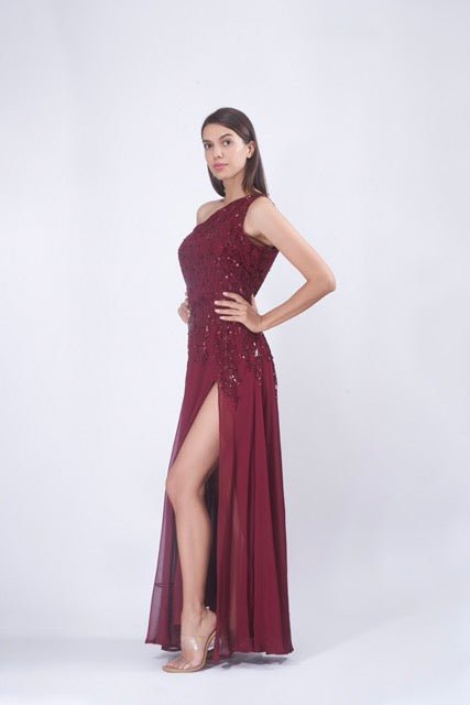 Burgundy One Shoulder Gown
