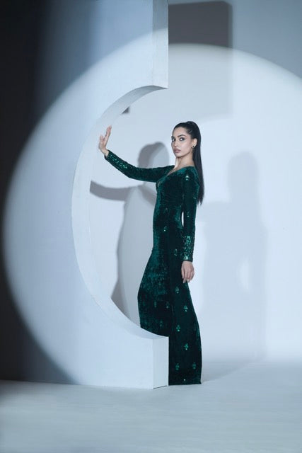 Green Embellished Silk Velvet Gown