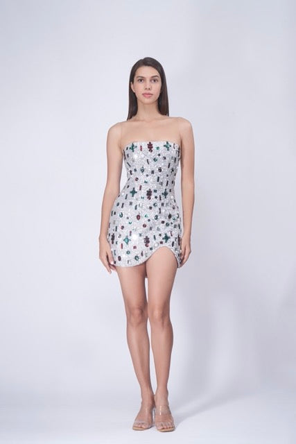 Silver Embellished Mini Dress
