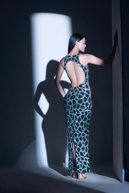 Silver and Green Embellished Gown