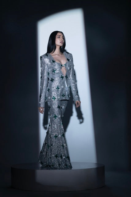 Silver Embellished Jacket and Pants Set