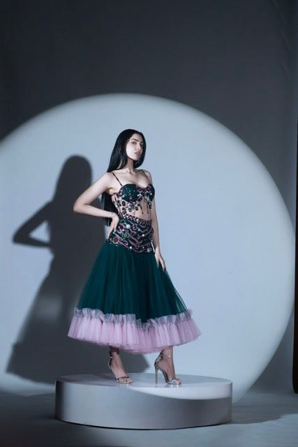 Green and Pink Corset and Skirt Set
