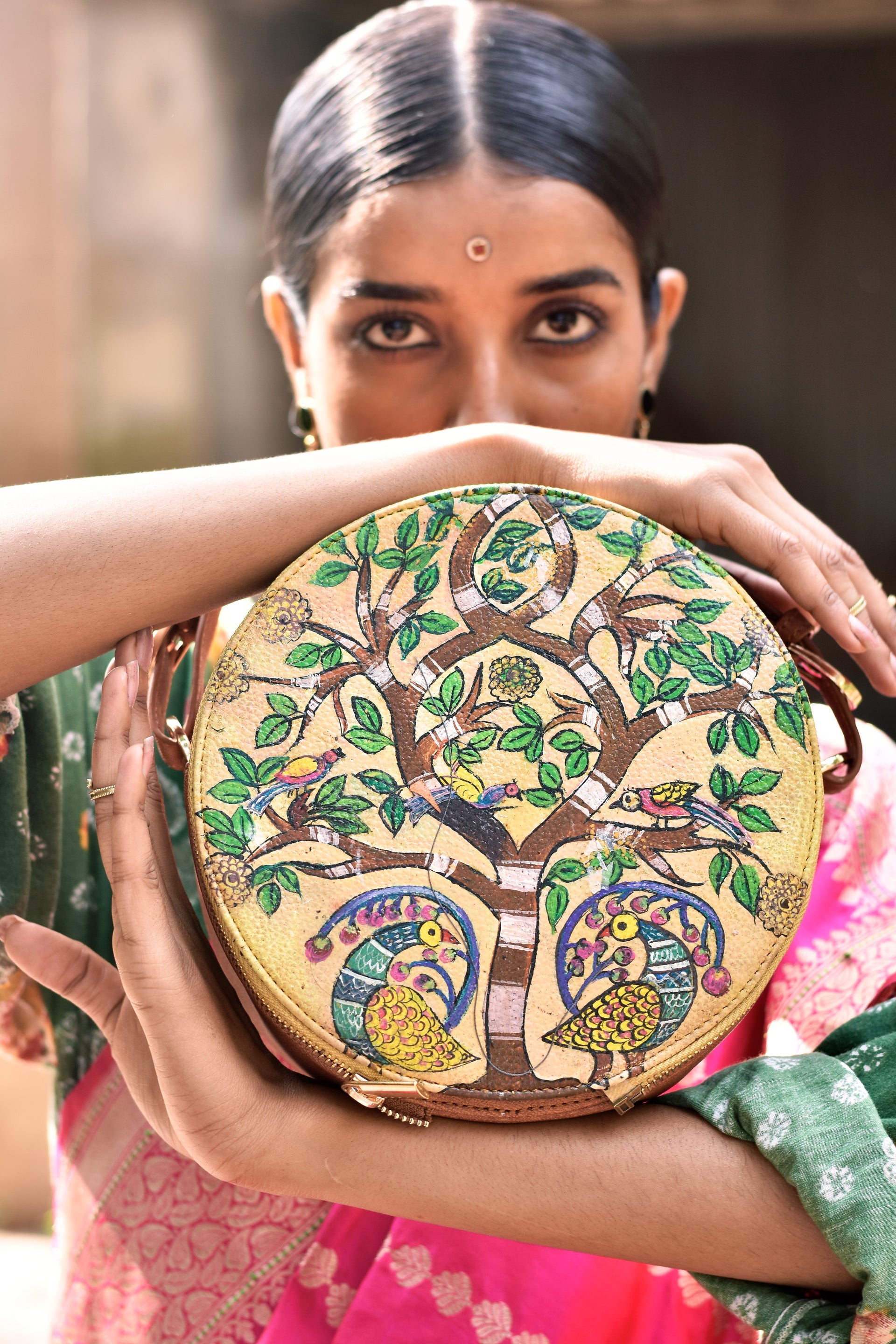 Madhubani Peacock Round Sling Bag