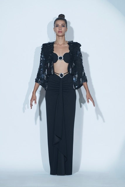 Black Embellished Drape Skirt and Jacket Set