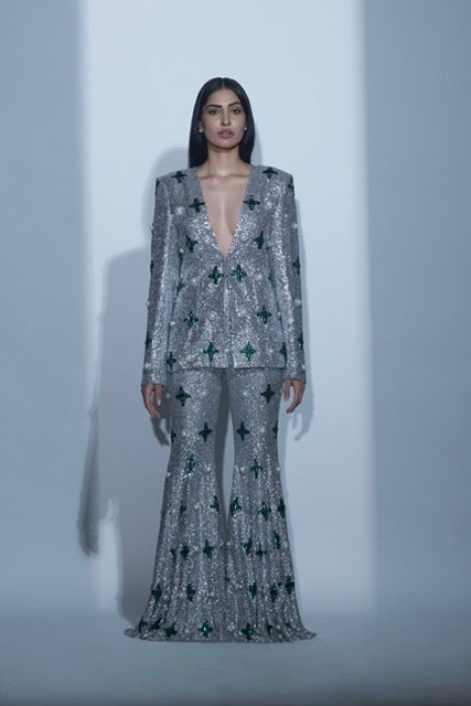 Silver Embellished Jacket and Pants Set