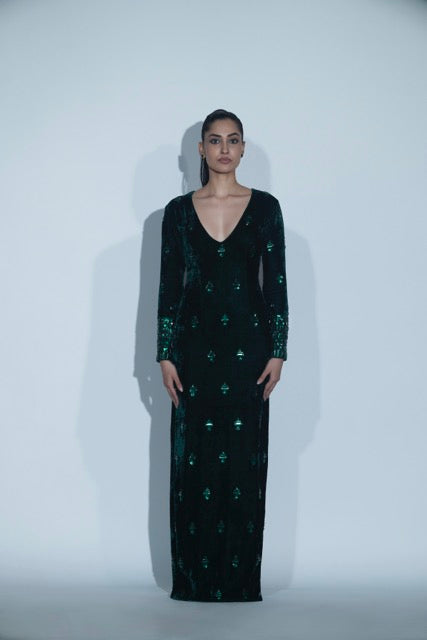 Green Embellished Silk Velvet Gown
