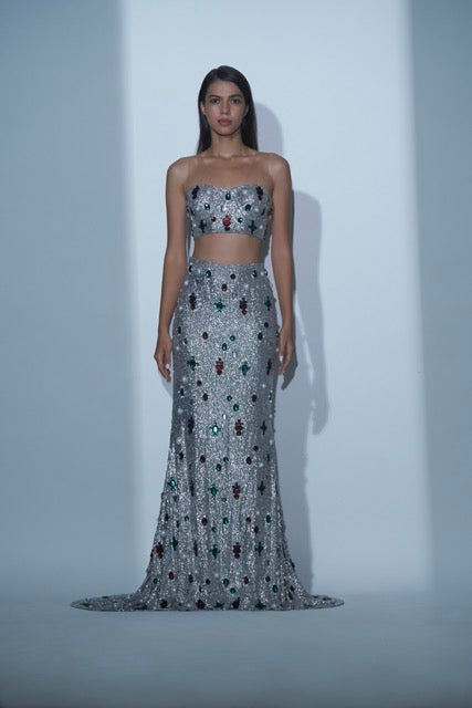 Silver Embellished Bustier and Skirt