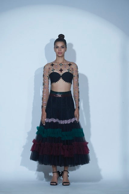 Black asymmetrical Skirt and Crop Top