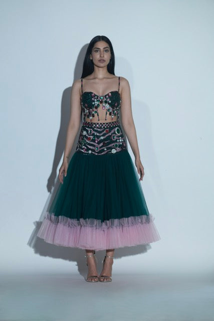 Green and Pink Corset and Skirt Set