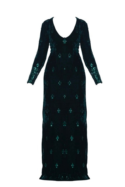 Green Embellished Silk Velvet Gown