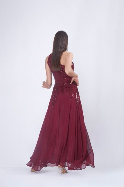 Burgundy One Shoulder Gown