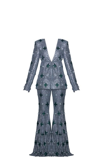 Silver Embellished Jacket and Pants Set