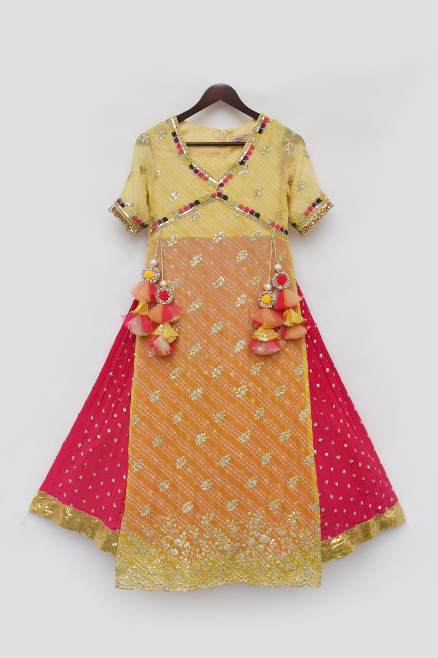 Yellow Bandhaj Kurti with Crinkle Skirt