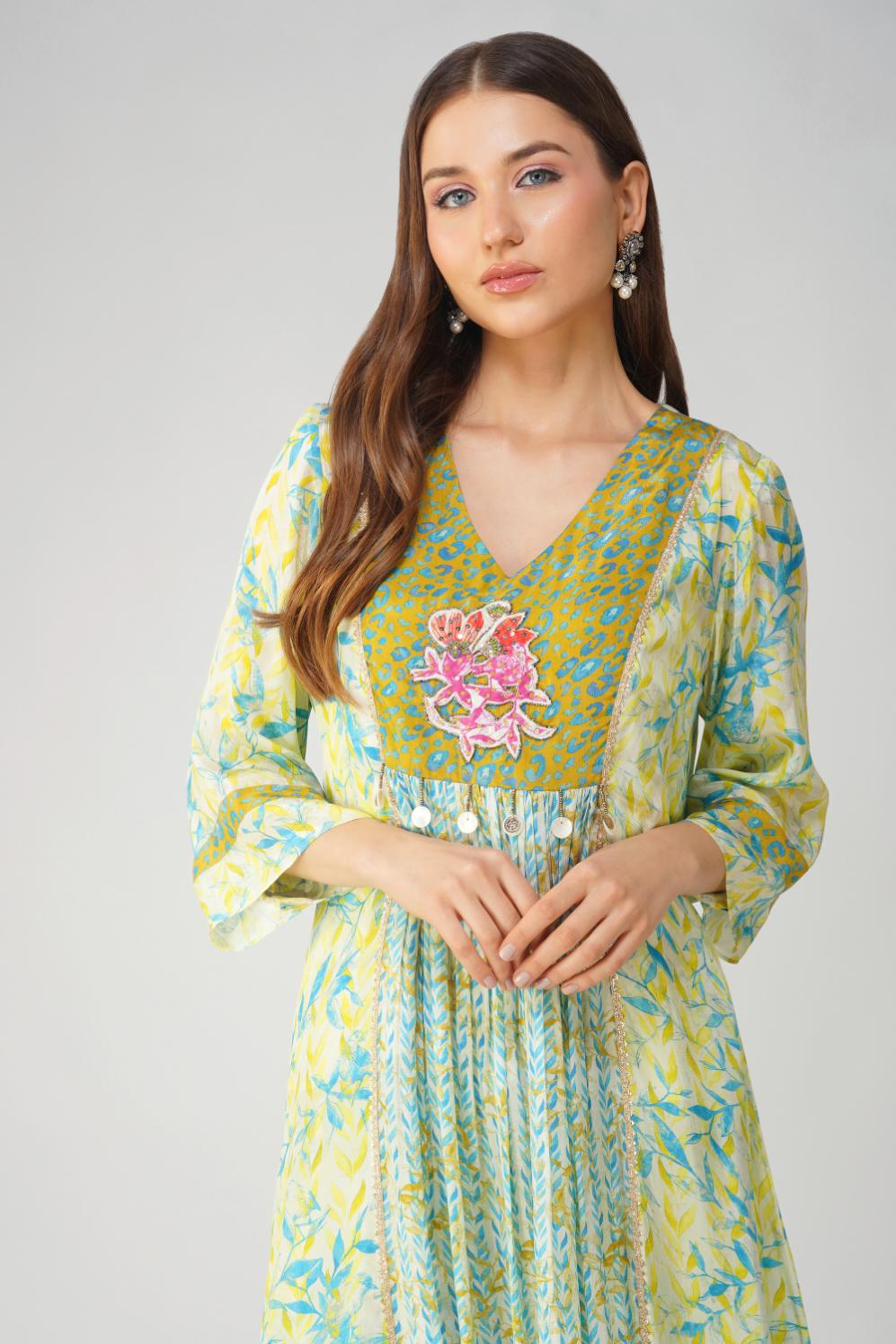 LEAF PRINT PANELLED TUNIC SET