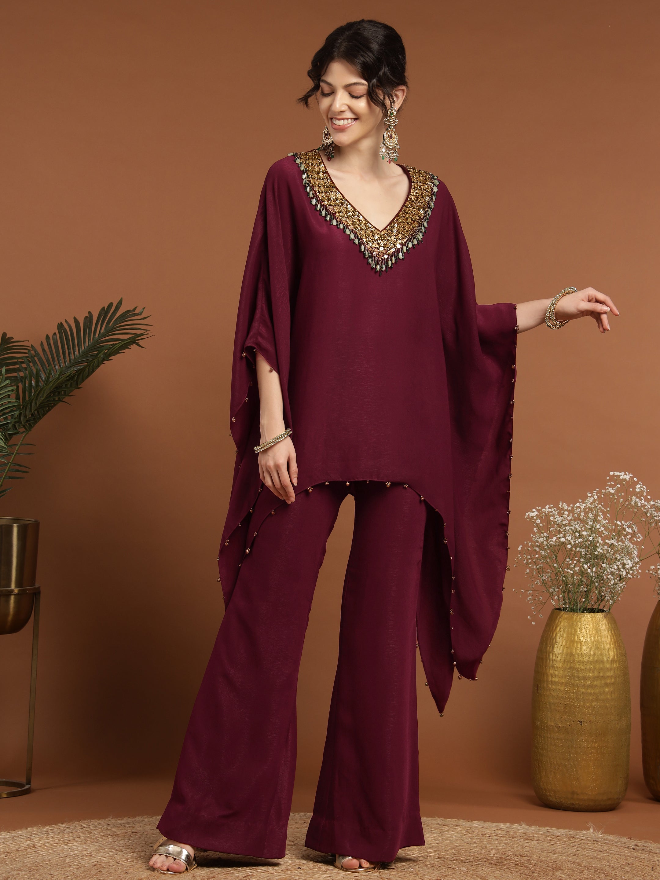 Wine Kaftan Set