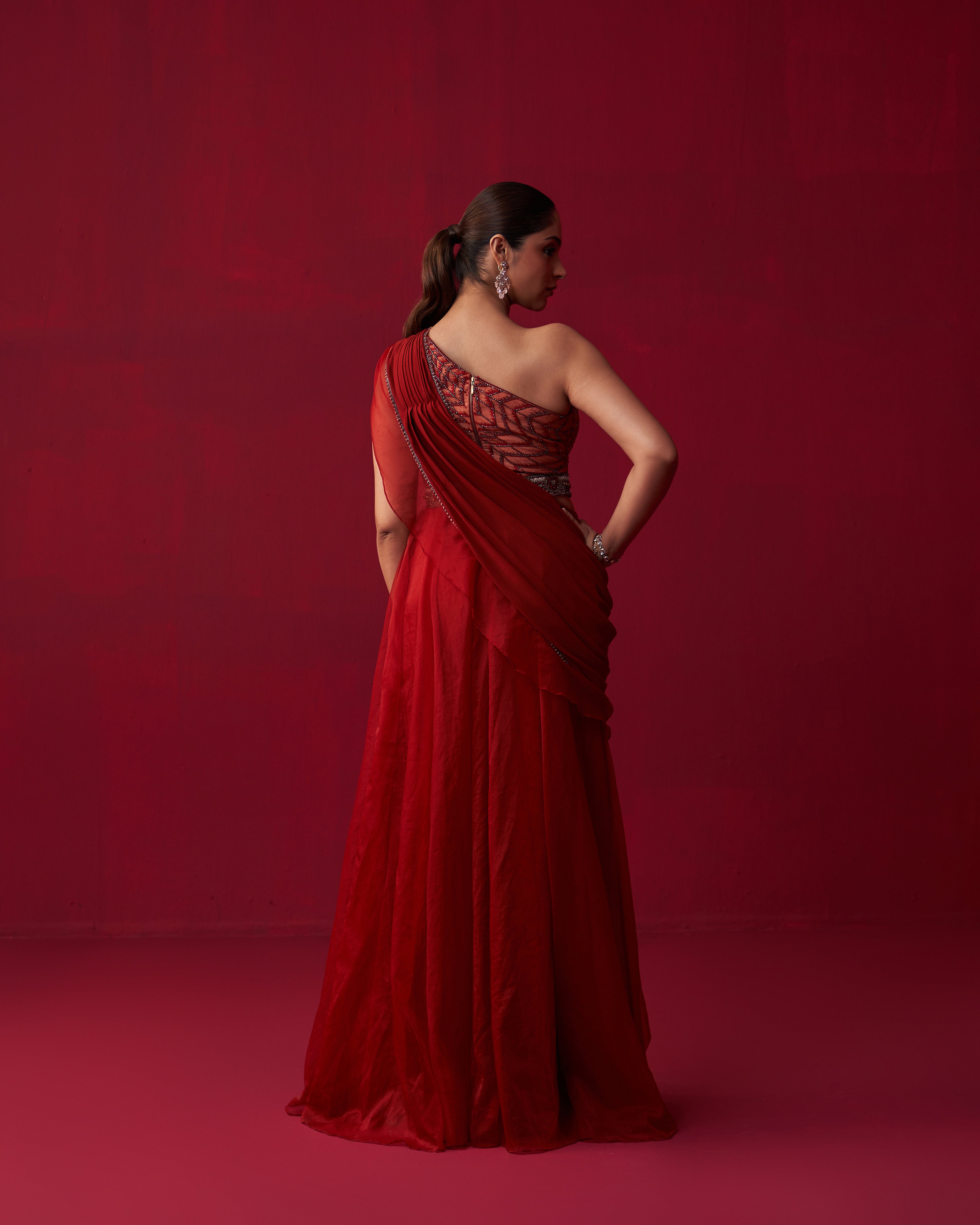 Red Glistening Waves Draped Top and Palazzo Set