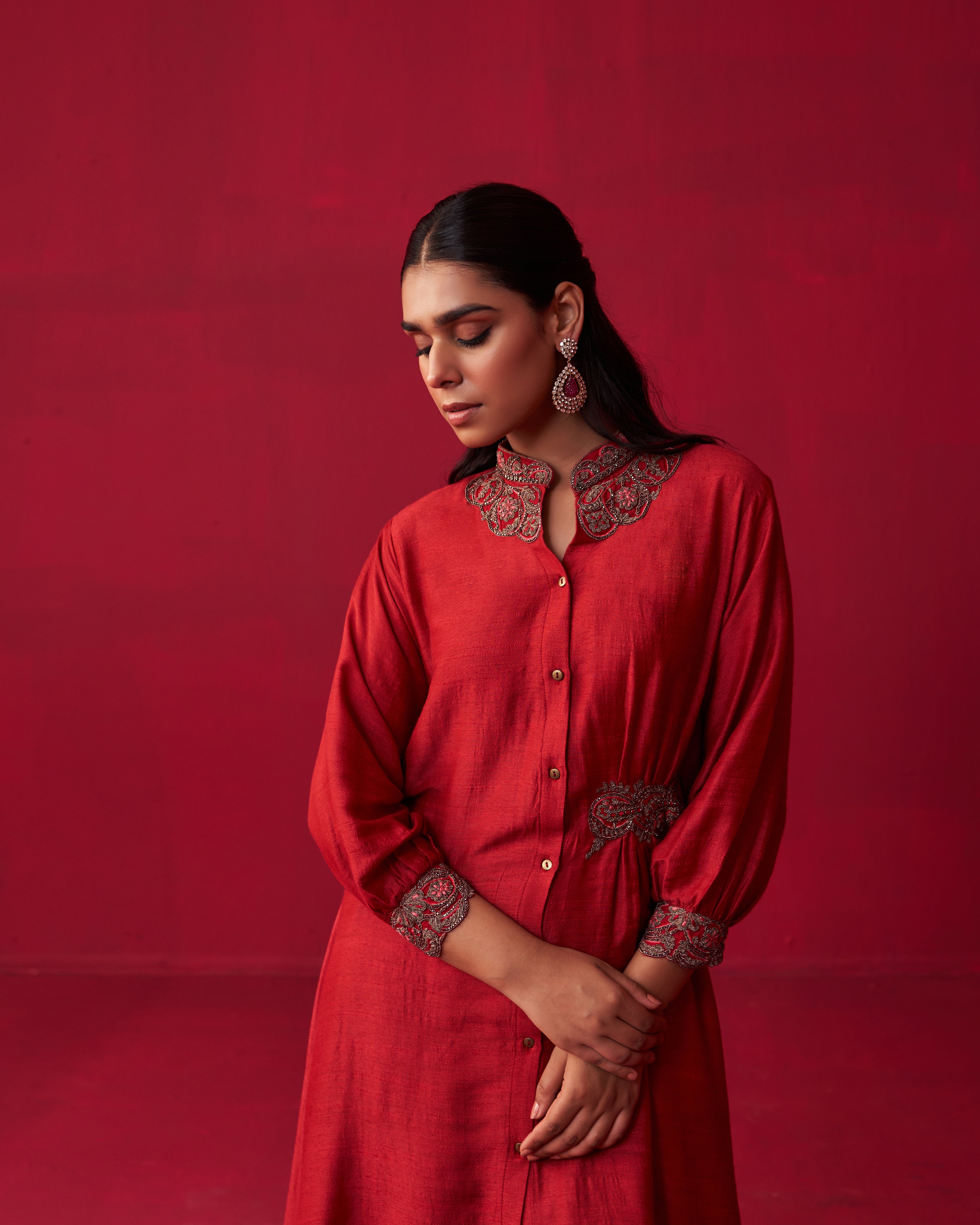 Red Metallic Bliss Shirt Style Tunic, and Dhoti Pants Set