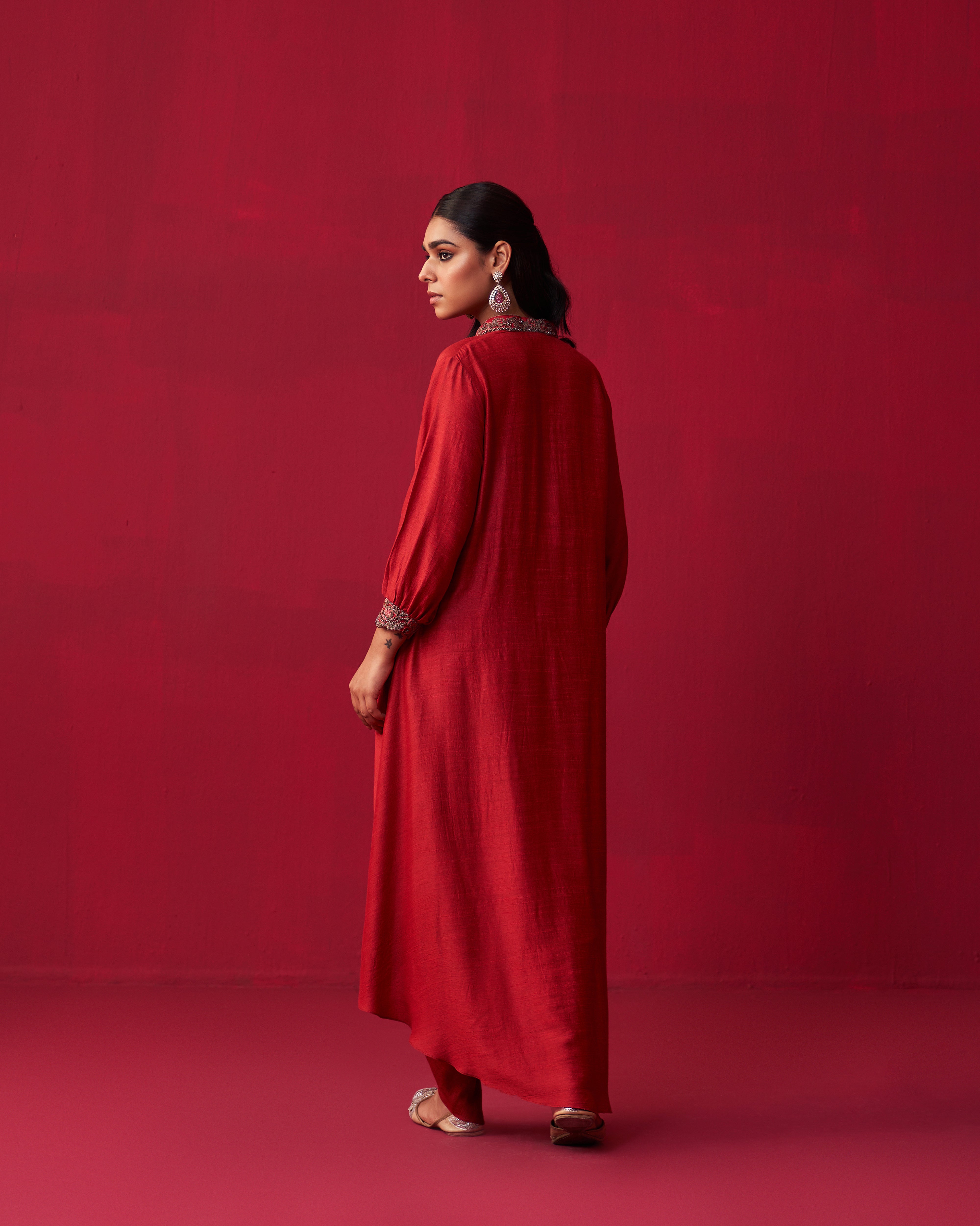 Red Metallic Bliss Shirt Style Tunic, and Dhoti Pants Set